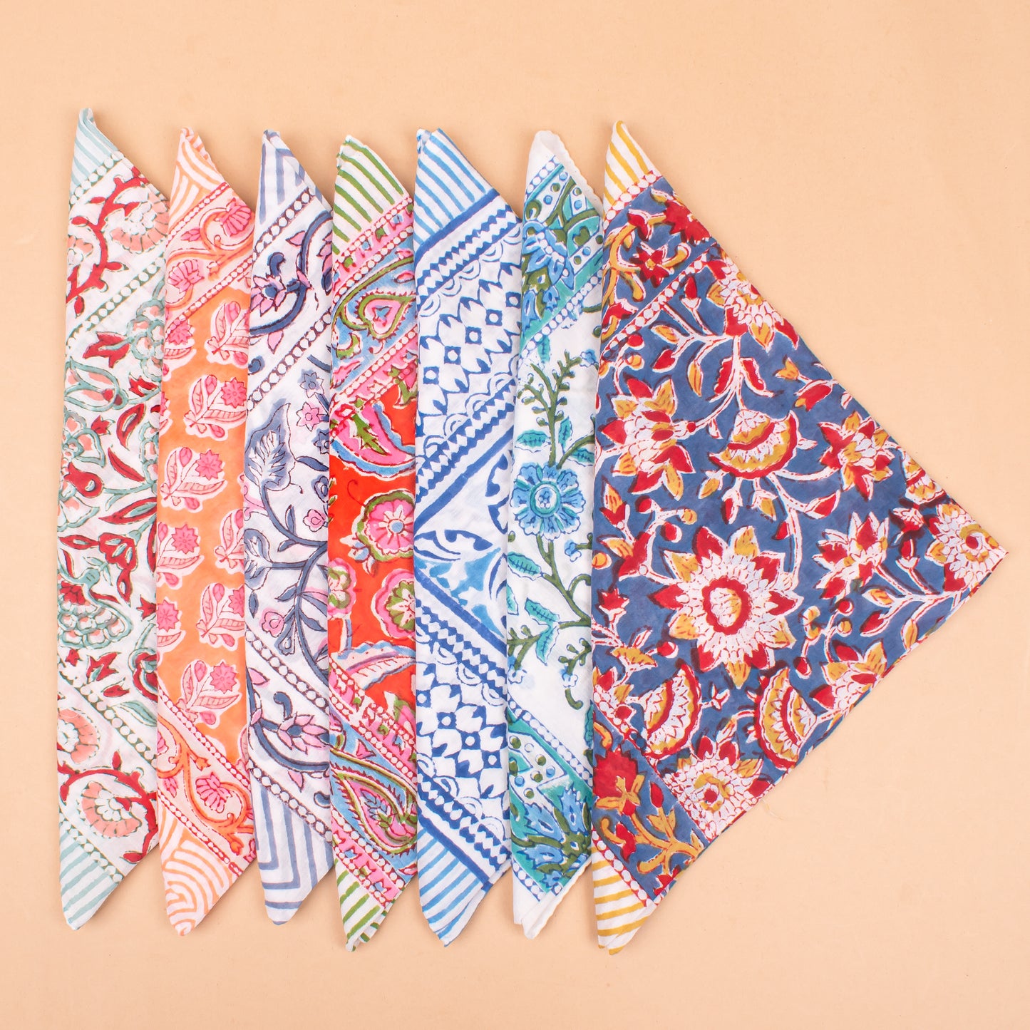 Set of 7 - Handmade Boho Cotton Bandanas, Organic Lightweight Hair, Wrist Or Neck Wrap, Block Printed Paisley Scarf, Perfect Eco-Friendly Gift Idea For All