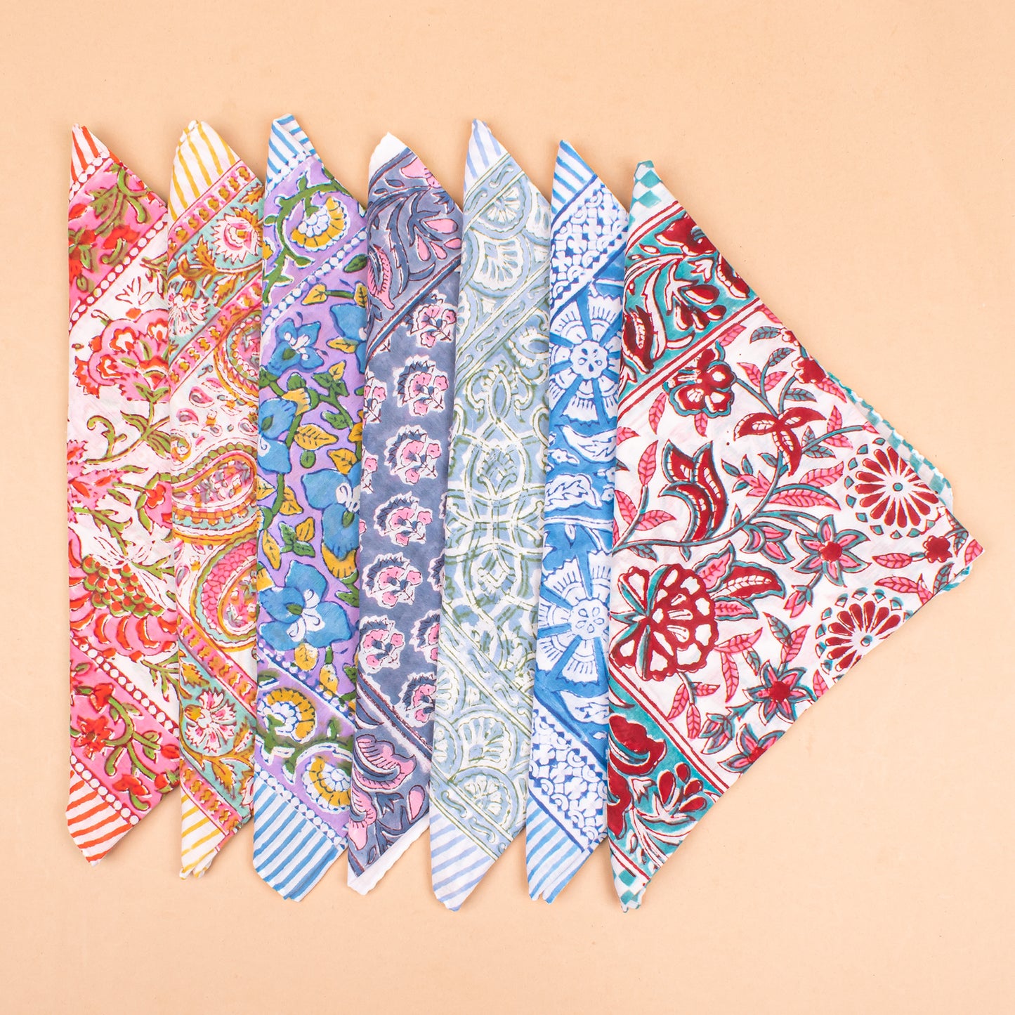 Set of 7 - Floral Bohemian Cotton Bandana, Hand Block Printed Organic Scarf, Lightweight Hair Or Neck Wrap, Unisex Sustainable Accessory, Handmade Gift