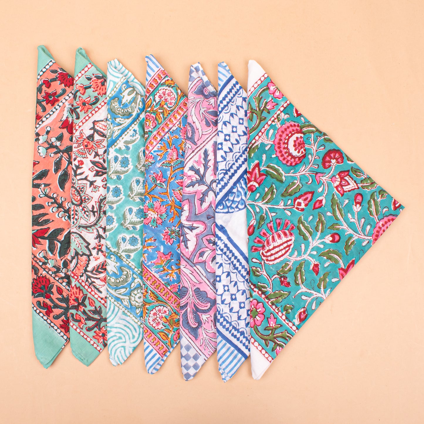 Set of 7 - Lightweight Handmade Cotton Bandana, Block Printed Organic Scarf, Bohemian Paisley And Floral Hair Or Neck Wrap, Sustainable Unisex Fashion Gift