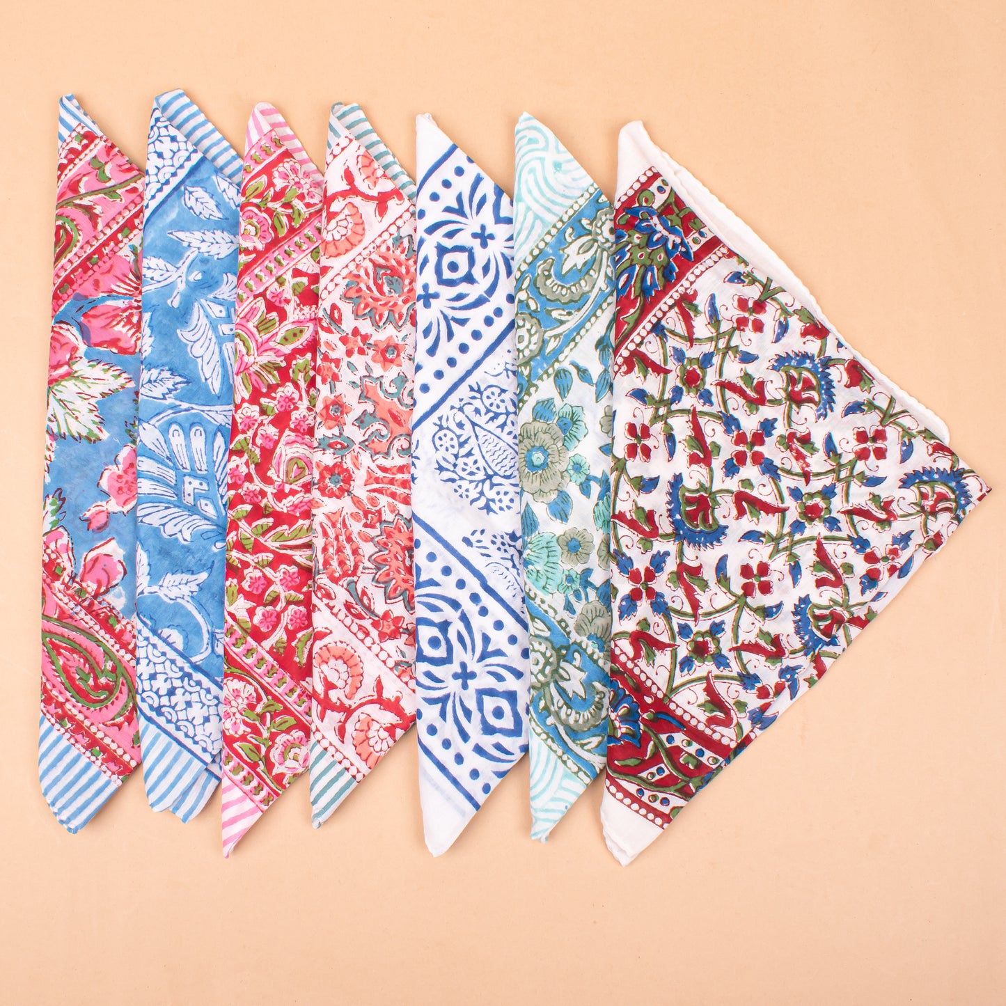 Set of 7 - Boho Paisley & Floral Cotton Bandana, Hand Block Printed Organic Scarf, Lightweight Hair Or Neck Wrap, Handmade Eco-Friendly Fashion Gift, Cotton Bandanas