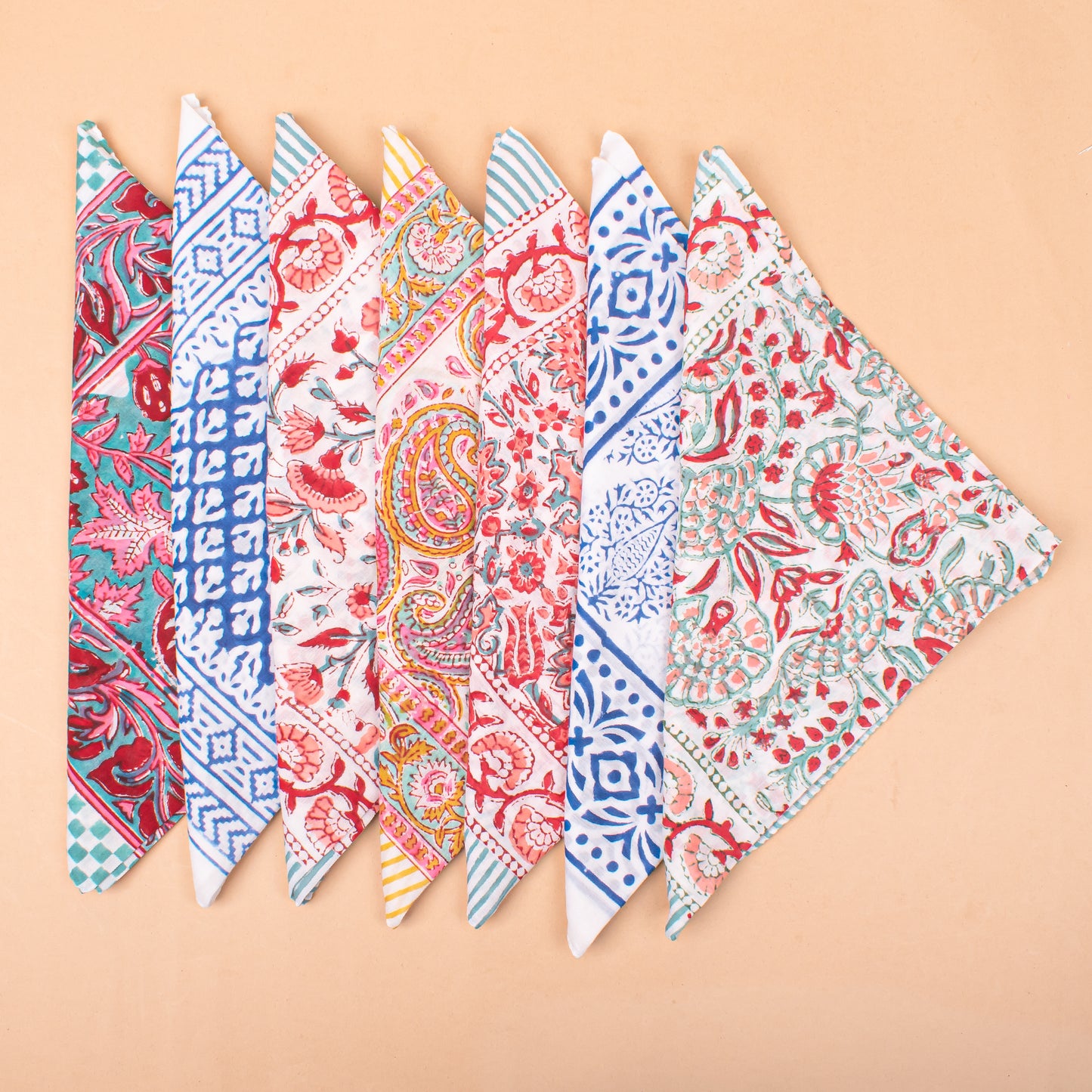 Set of 7 - Block Printed Organic Cotton Bandana, Lightweight Handmade Scarf, Boho Paisley And Floral Hair Or Neck Wrap, Eco-Friendly Unisex Fashion Gift