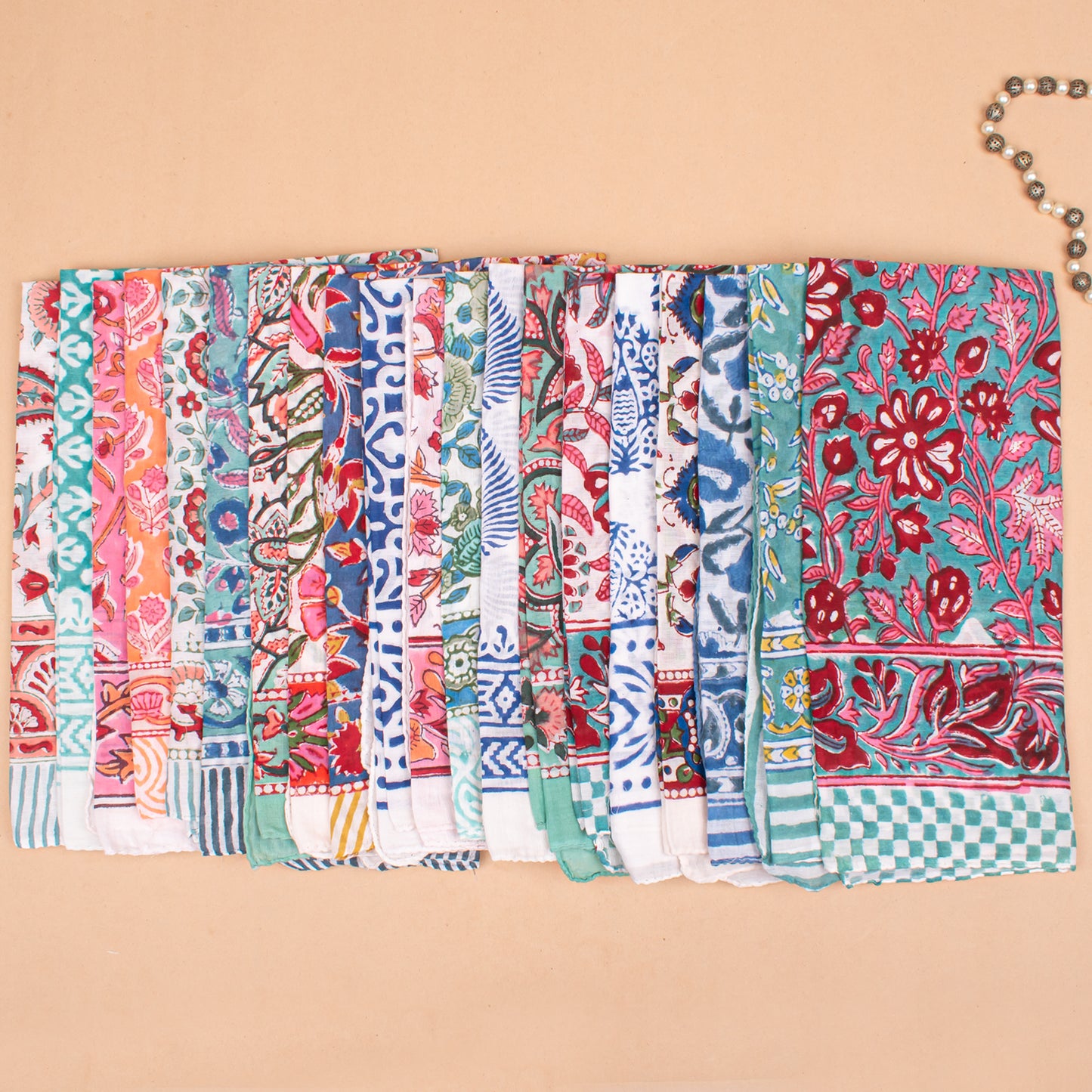 Set of 75 - Hand Block Printed Floral Cotton Bandana, Lightweight Accessory For Pet & Bikers, Bohemian Hair Or Neck Wrap, Sustainable Artisan Gift Accessory