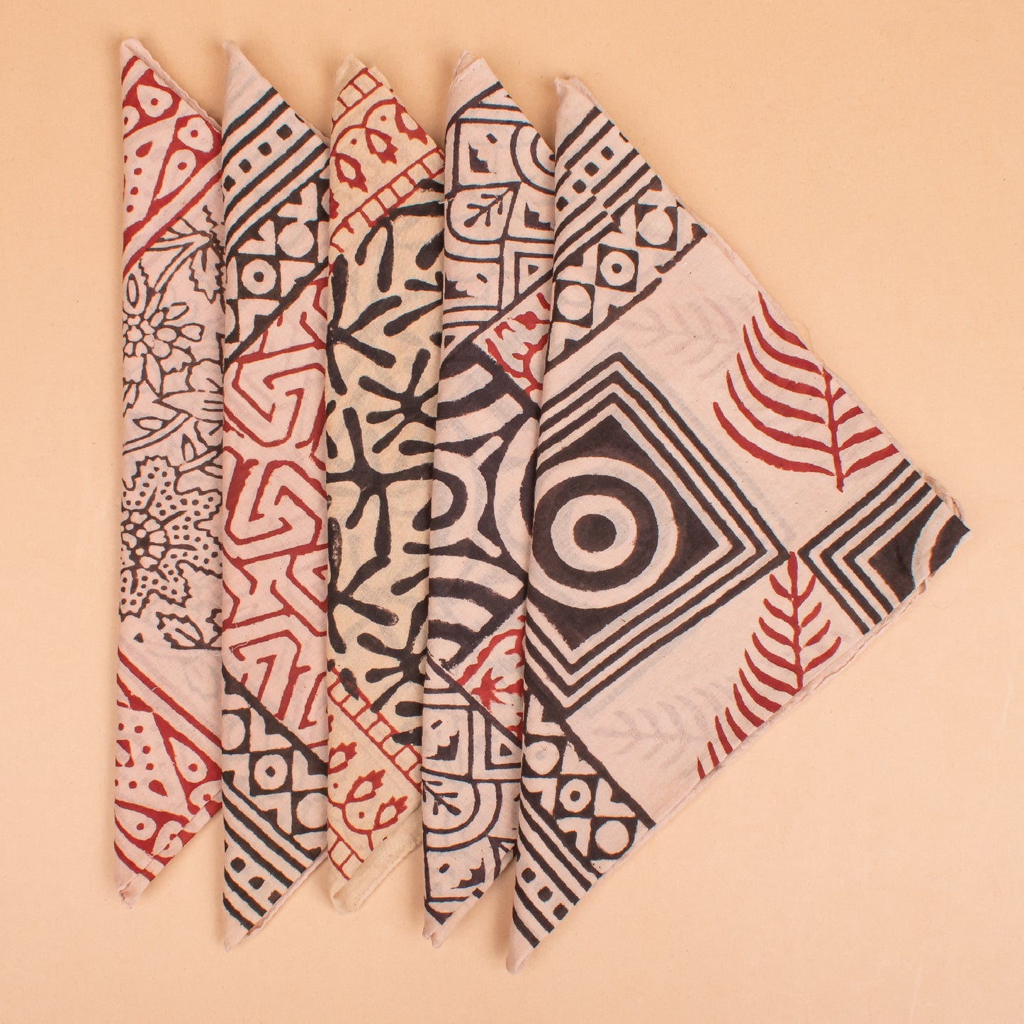 Set of 5 - Cotton Boho Bandana, Handmade Lightweight Scarf, Block Printed Paisley Hair Or Neck Wrap, Sustainable Unisex Accessory Fashion Gift