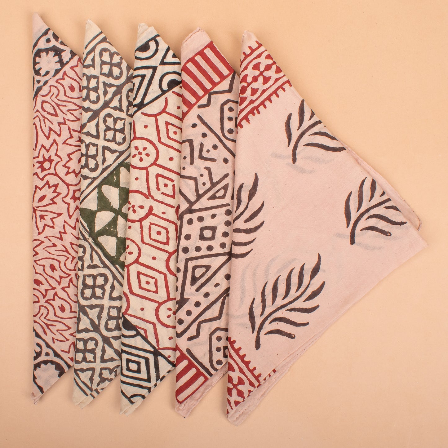 Set of 5 - Organic Boho Block Printed Cotton Bandana, Handmade Lightweight Scarf, Hair, Face Or Neck Wrap, Eco-Friendly Gift Idea For Pets, Bikers & All