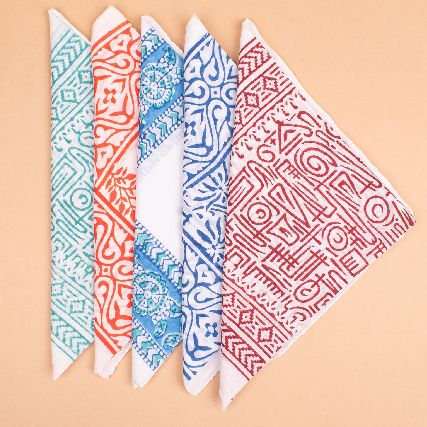 Set of 5 - Organic Block Printed Bandana, Cotton Lightweight Boho Paisley Scarf, Face, Hair Or Neck Wrap, Unisex Sustainable Fashion Accessory