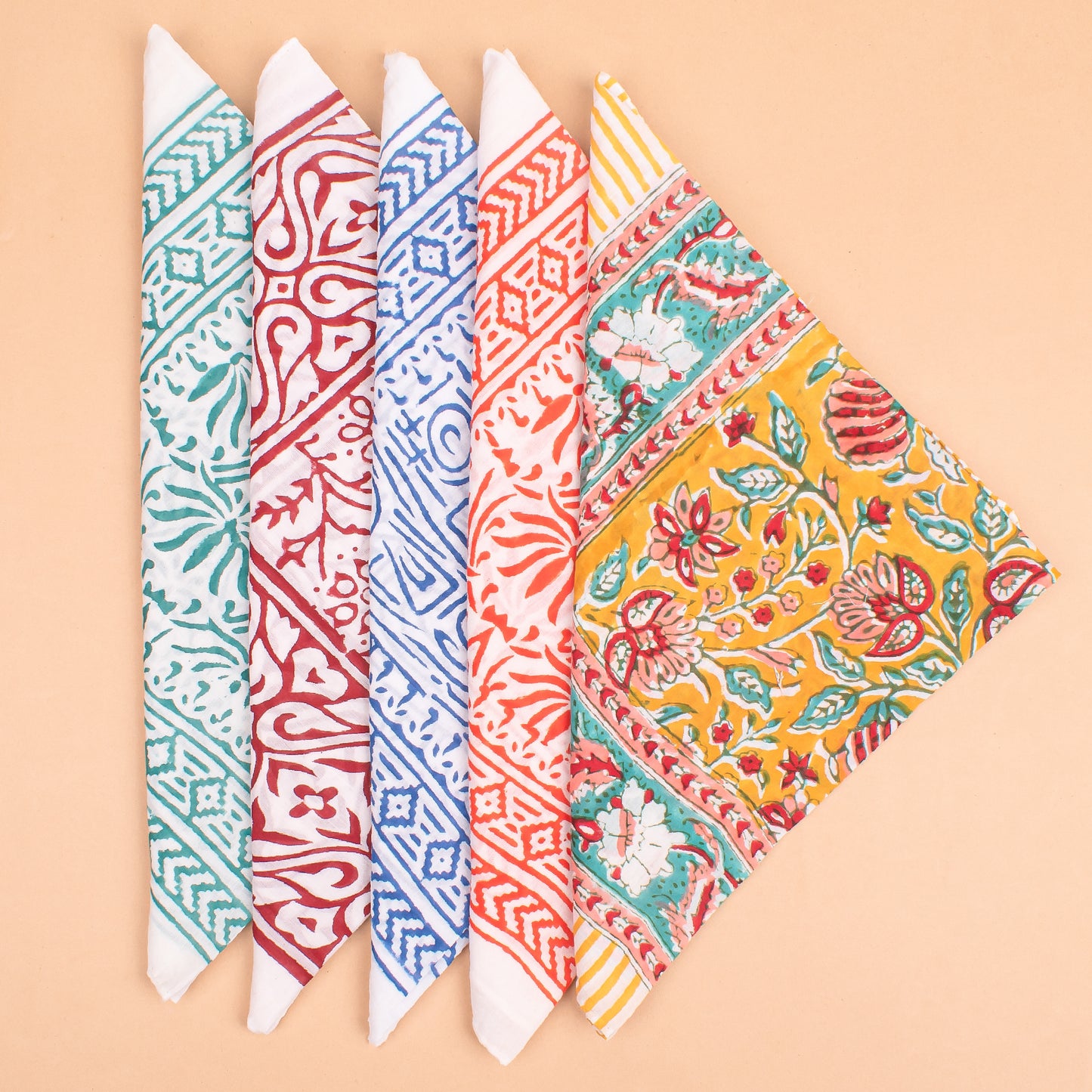 Set of 5 - Handmade Cotton Bandana, Soft Organic Block Print Bandana, Unisex Headband & Neck Wrap, Eco-Friendly Pet Bandana, Biker Travel Bandana, Boho Gift