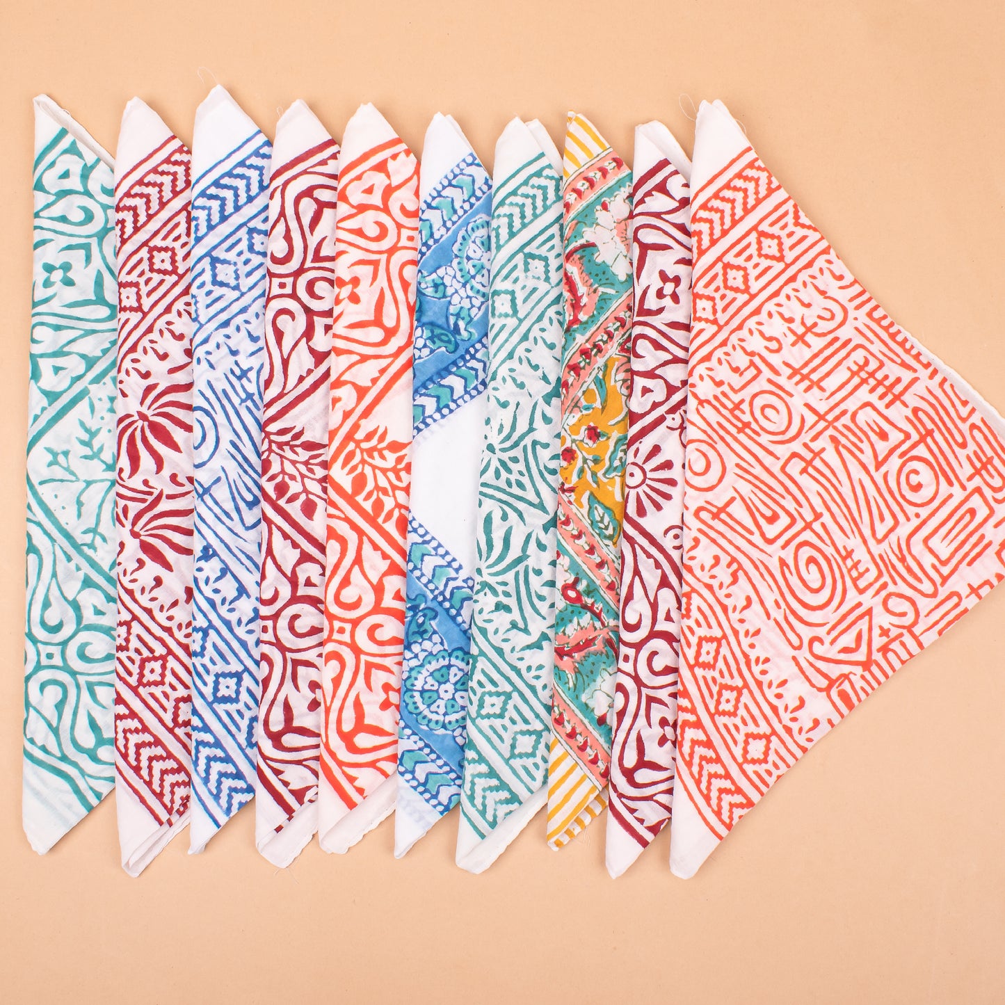 Set of 10 - Travel-Friendly Cotton Bandana Gift, Handmade Organic Scarf, Eco-Friendly Biker Wrap, Stylish Block Print Neck Accessory, Pet Cotton Square, Unisex Fashion Head Wrap