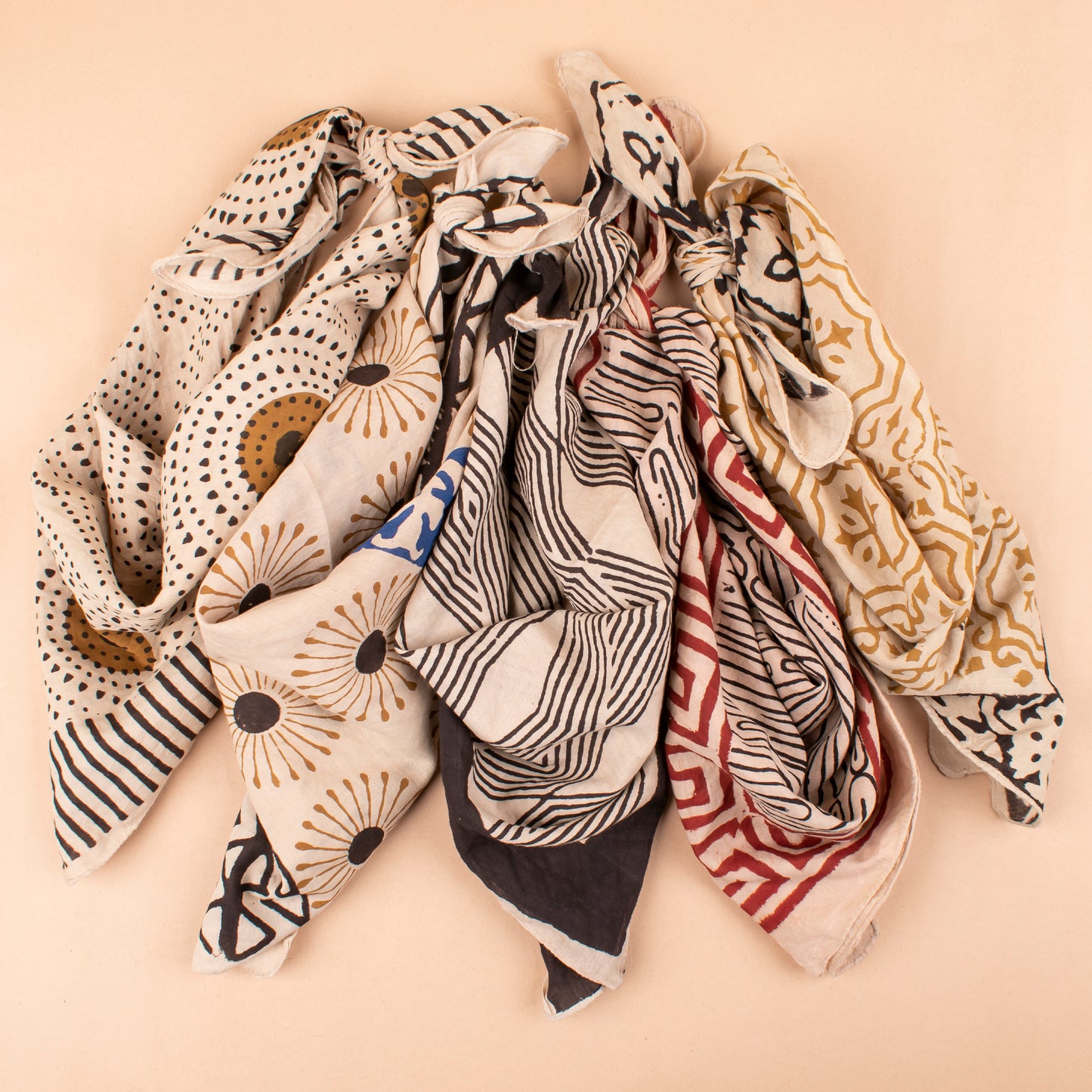 Set of 5 - Reusable Fabric Face Cover, Stylish Unisex Gift, Soft Cotton Bandana Scarf, Vintage Summer Style Accessory, Handprinted Cotton Bandana