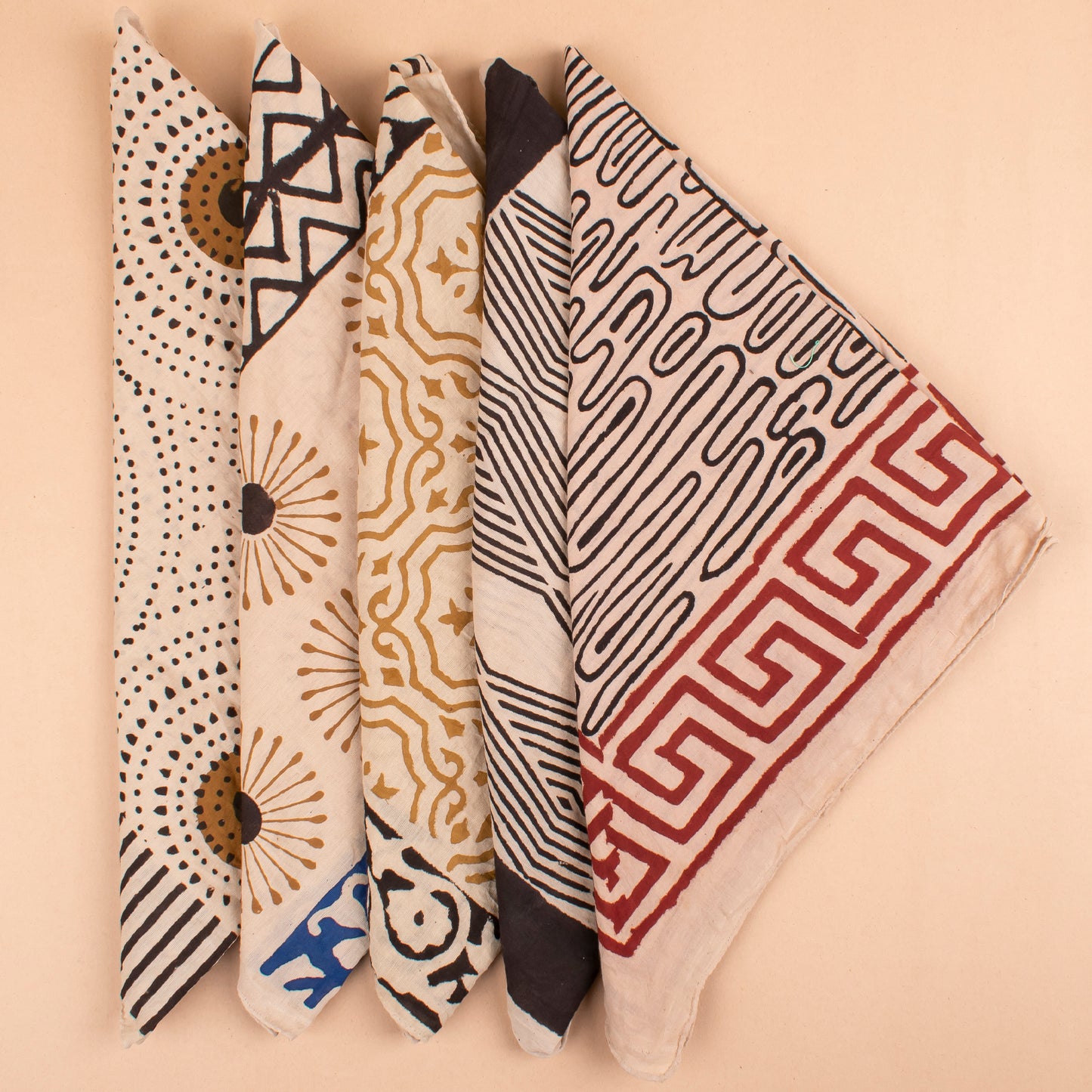 Set of 5 - Reusable Fabric Face Cover, Stylish Unisex Gift, Soft Cotton Bandana Scarf, Vintage Summer Style Accessory, Handprinted Cotton Bandana