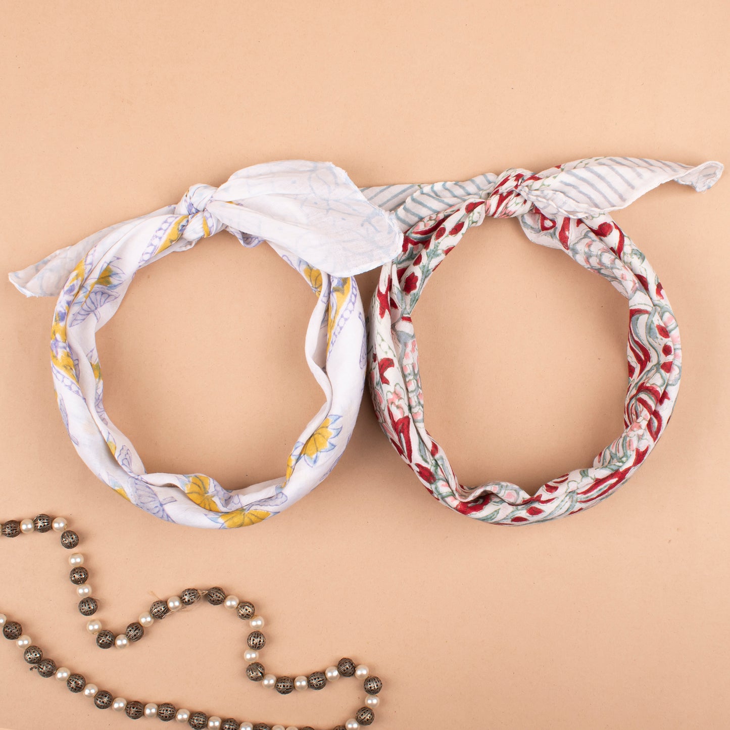 Set of 2 - Pure Cotton Bohemian Bandanas, Lightweight Floral Wrap, Sustainable Handmade Headband, Block Print Wrist Tie, Fashion Accessory