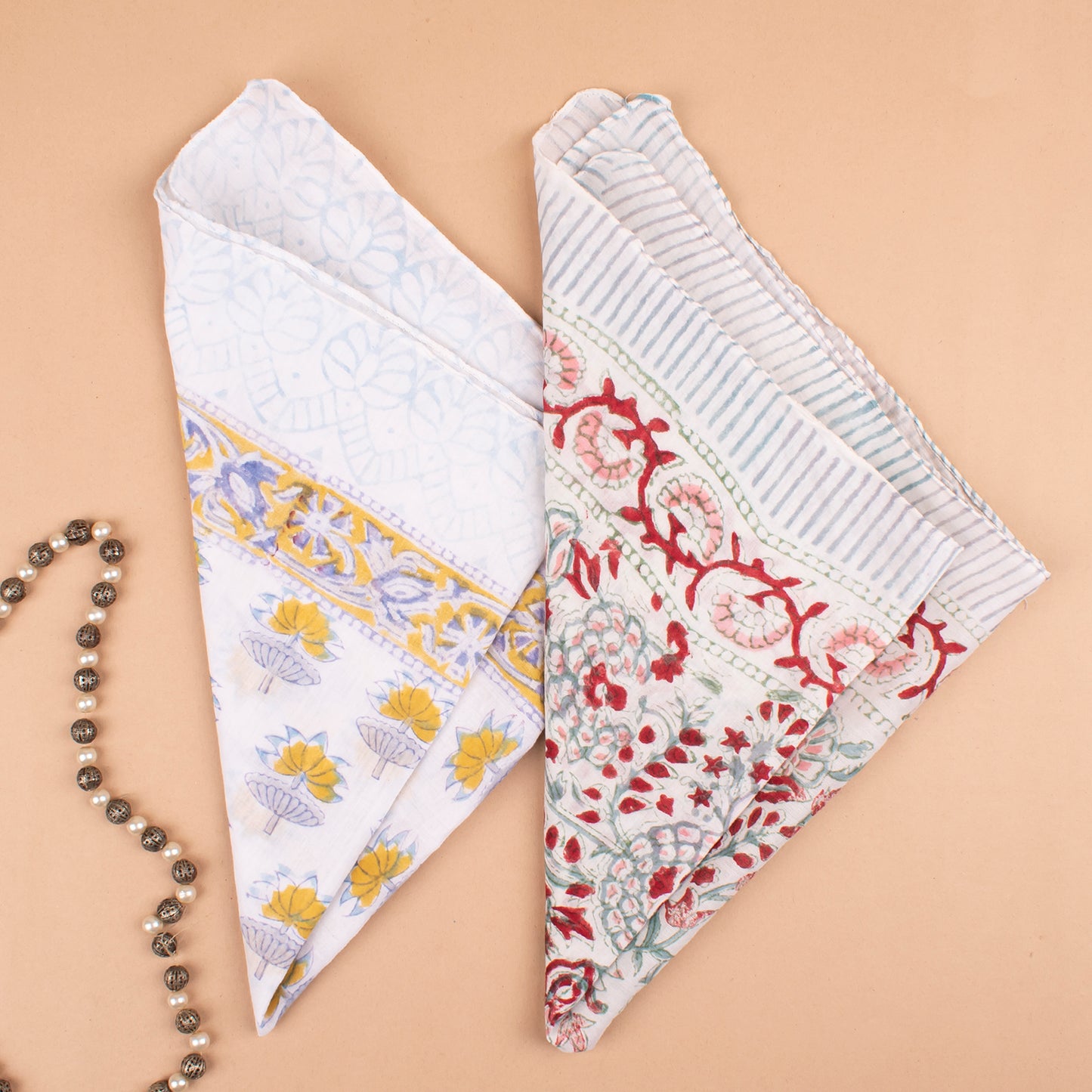 Set of 2 - Pure Cotton Bohemian Bandanas, Lightweight Floral Wrap, Sustainable Handmade Headband, Block Print Wrist Tie, Fashion Accessory