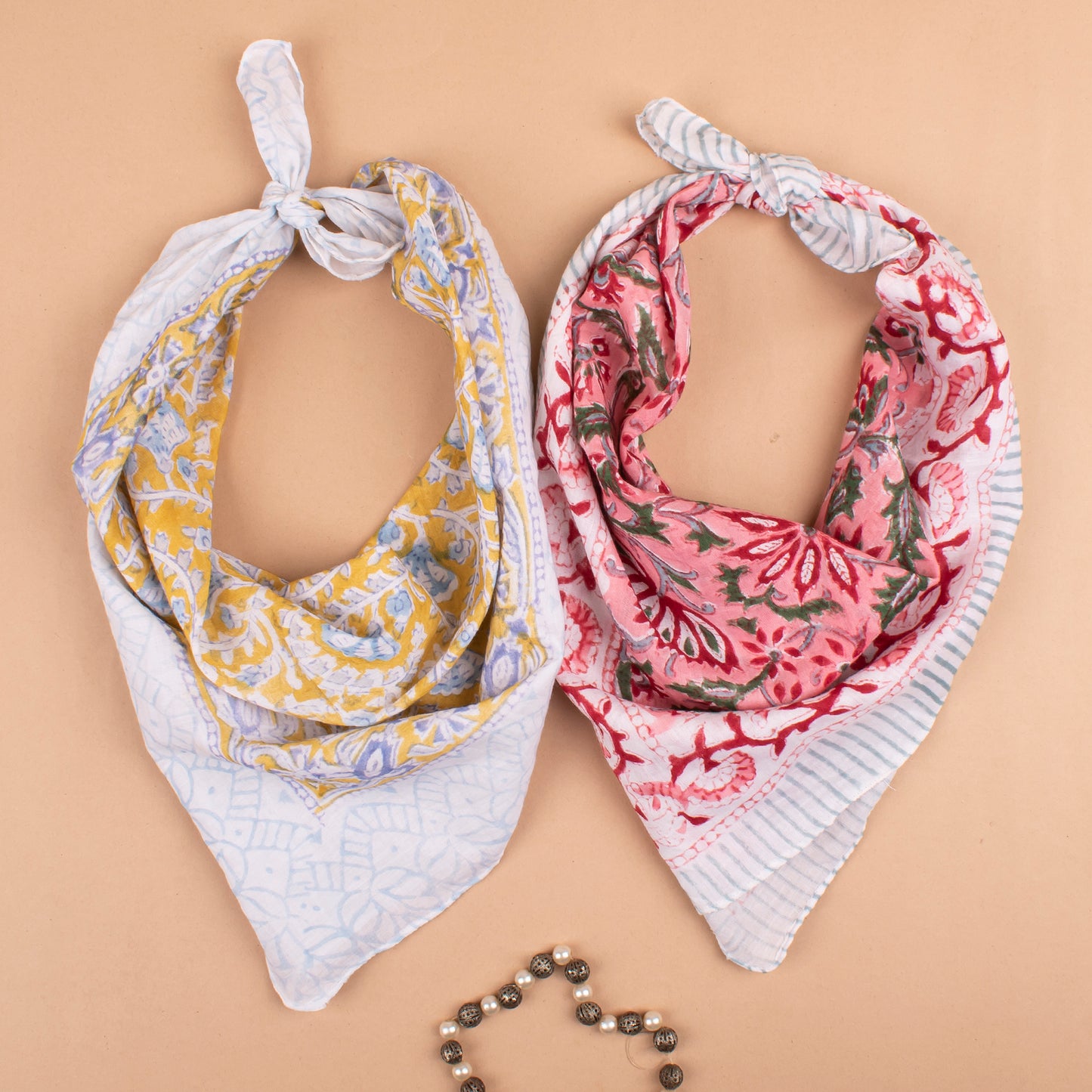 Set of 2 - Cotton Bandana Scarf, Handprinted Floral Wrap, Soft Vintage Style Head & Neck Accessory, 100% Handmade Block Print Head Wrap