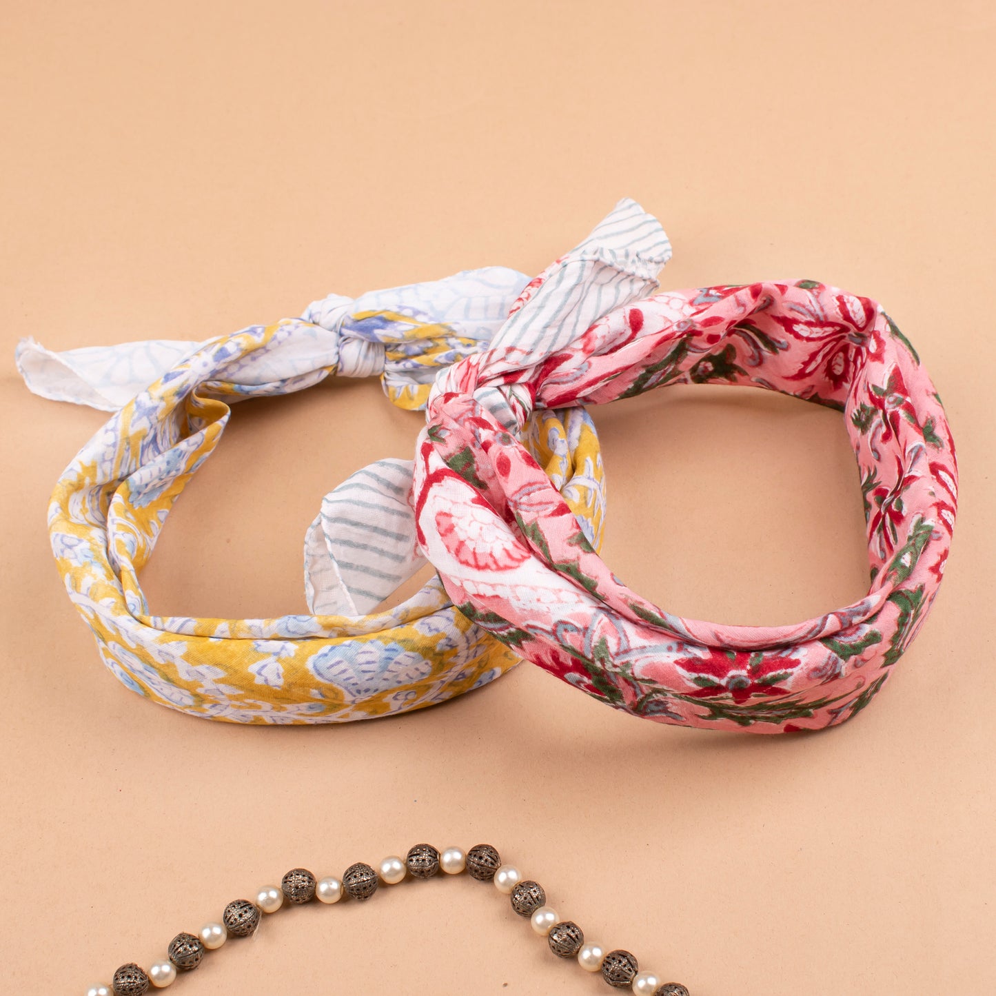 Set of 2 - Cotton Bandana Scarf, Handprinted Floral Wrap, Soft Vintage Style Head & Neck Accessory, 100% Handmade Block Print Head Wrap