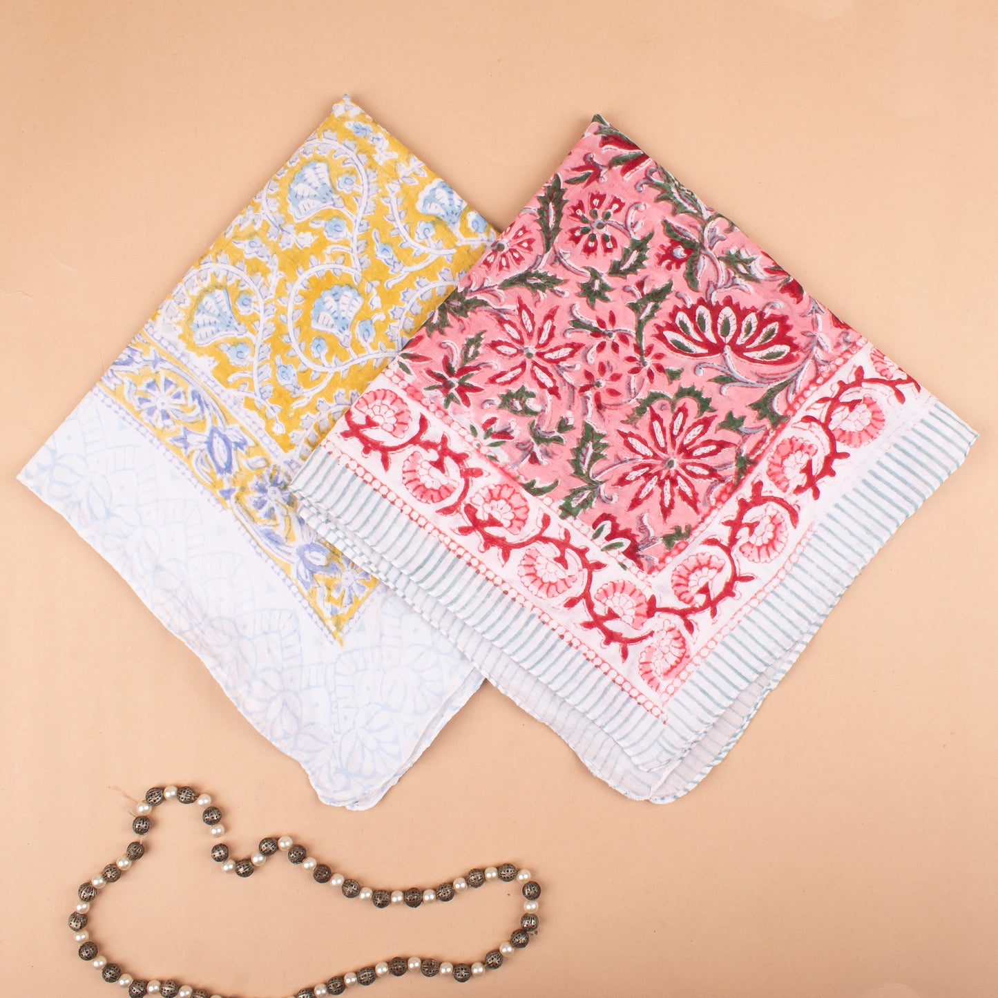 Set of 2 - Cotton Bandana Scarf, Handprinted Floral Wrap, Soft Vintage Style Head & Neck Accessory, 100% Handmade Block Print Head Wrap