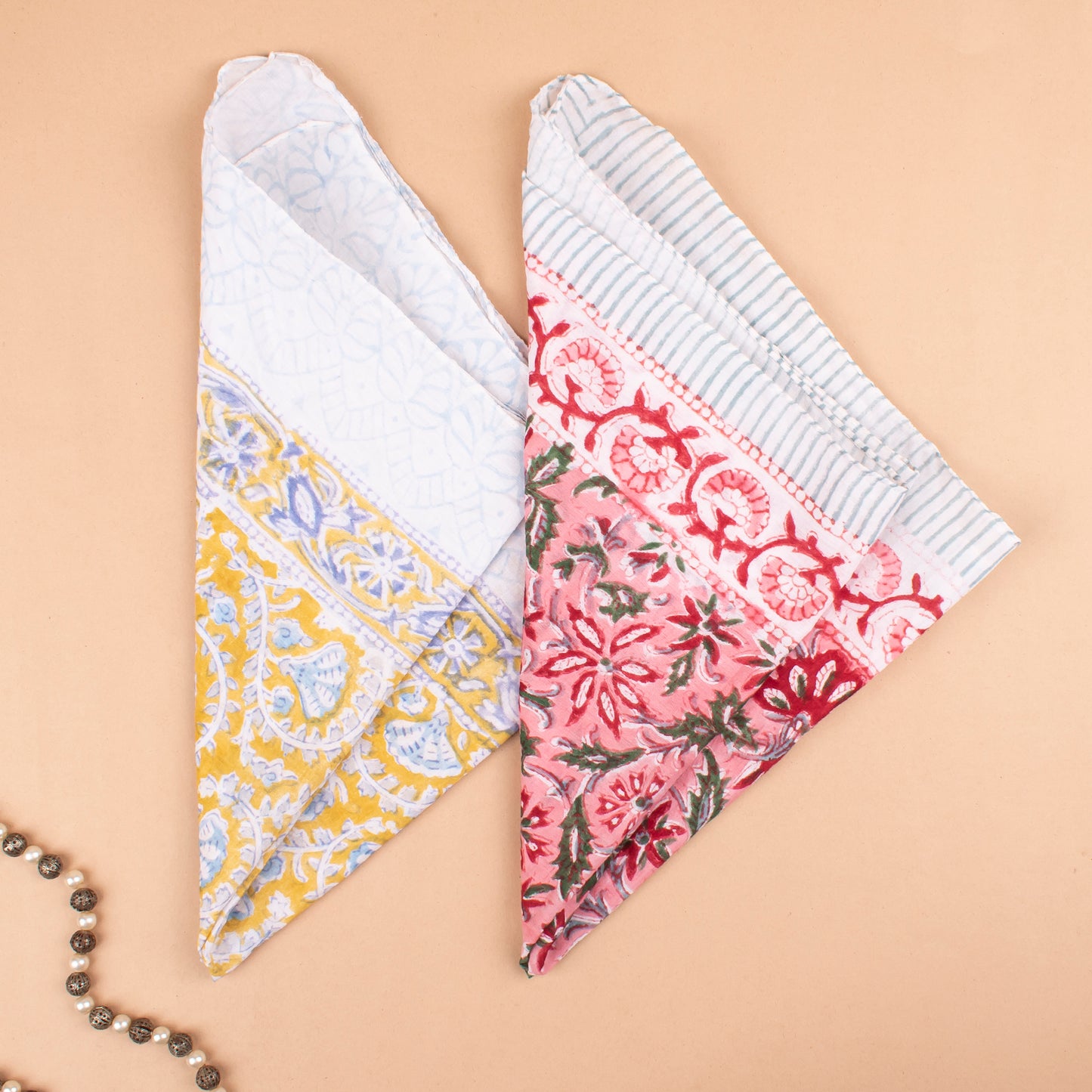 Set of 2 - Cotton Bandana Scarf, Handprinted Floral Wrap, Soft Vintage Style Head & Neck Accessory, 100% Handmade Block Print Head Wrap