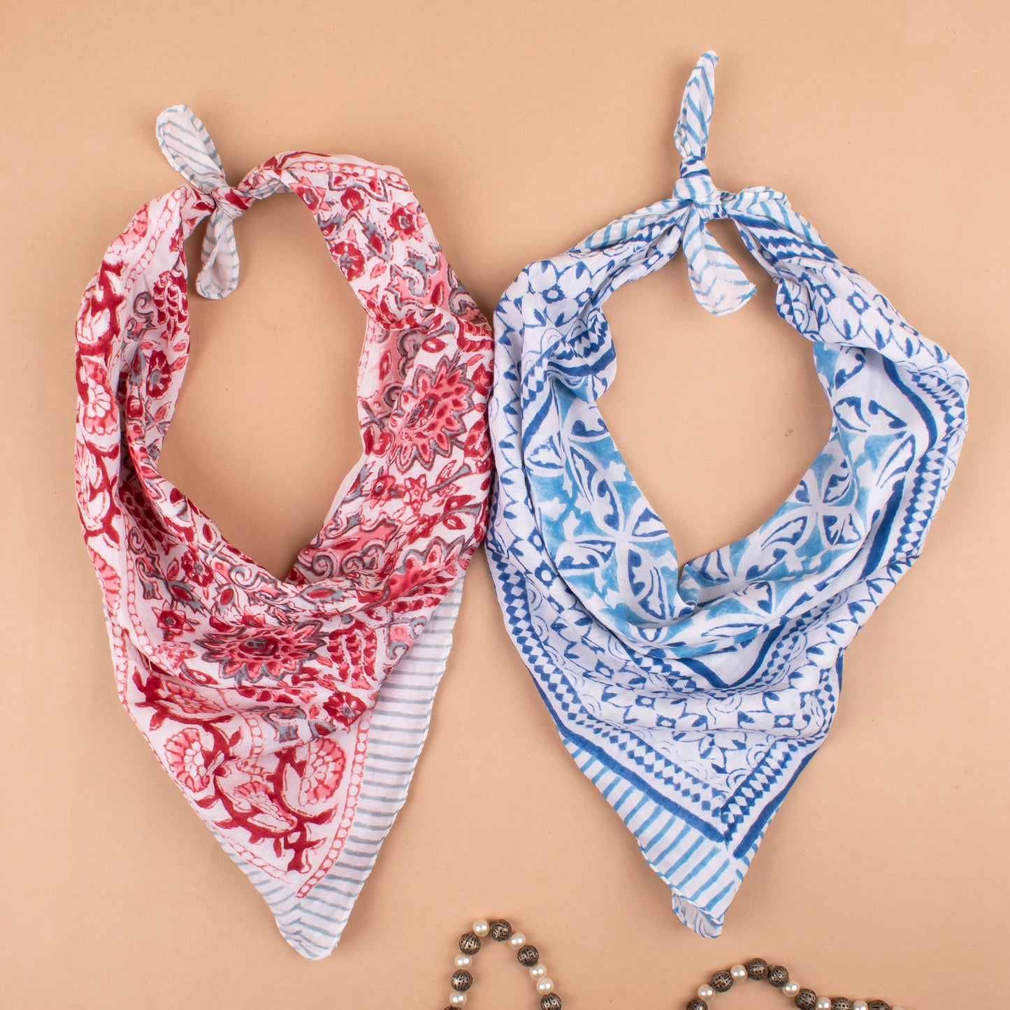 Set of 2 - Trendy Western Scarf For Festival & Outdoor, Handcrafted Bandana Scarf, Eco-Friendly Floral Print Cotton, Bohemian Head Tie