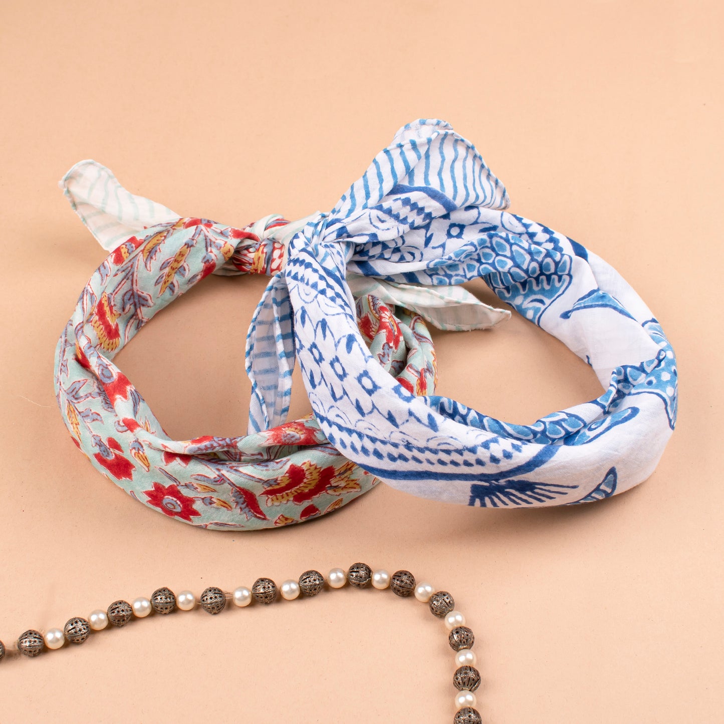 Set of 2 - Soft Cotton Boho Bandanas, Coastal Style Head Wrap, 100% Sustainable Cotton Neck Scarf, Trendy Boho Gift Accessory, Boho Hair Tie