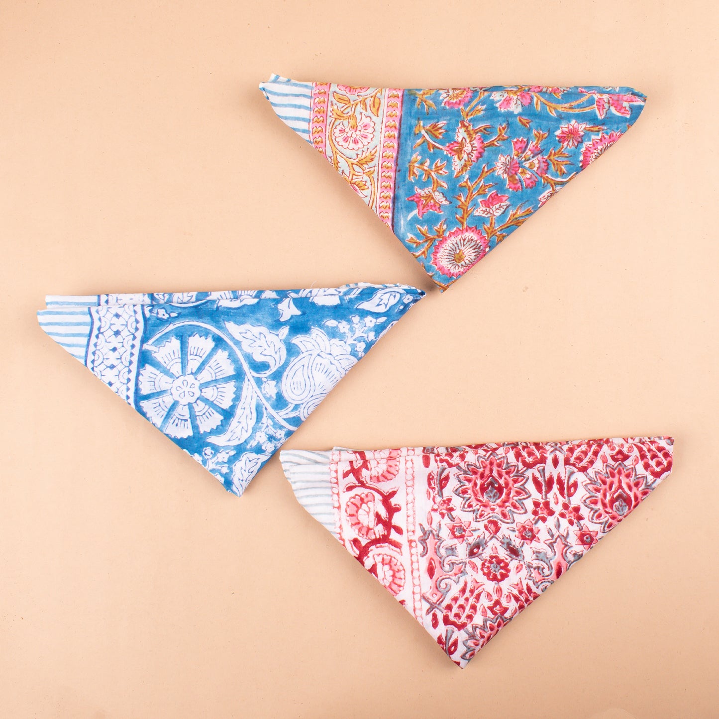 Set of 3 - Lightweight Handmade Bandana, Vintage Aesthetic Wrap, Block Printed Summer Scarf, Trendy Accessory For Women & Men