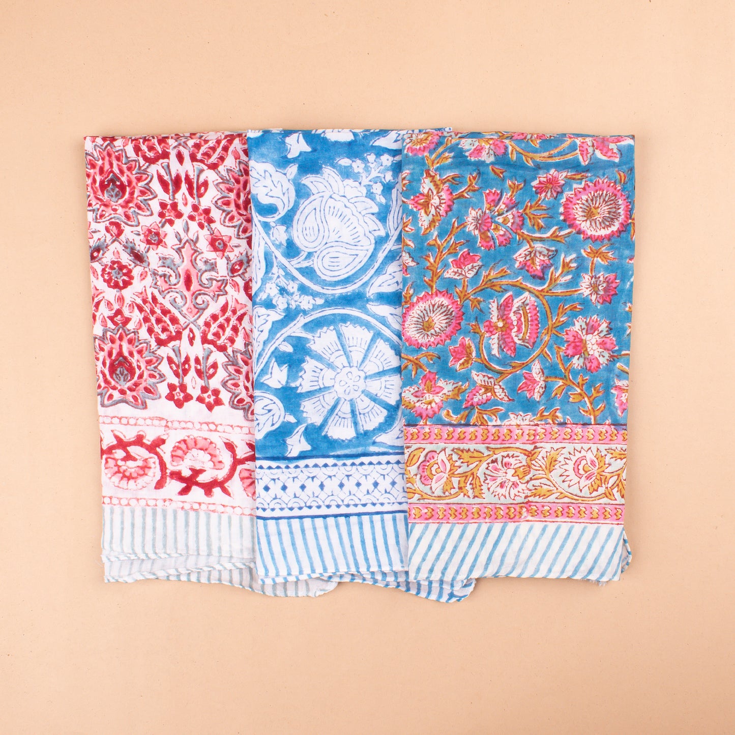 Set of 3 - Lightweight Handmade Bandana, Vintage Aesthetic Wrap, Block Printed Summer Scarf, Trendy Accessory For Women & Men