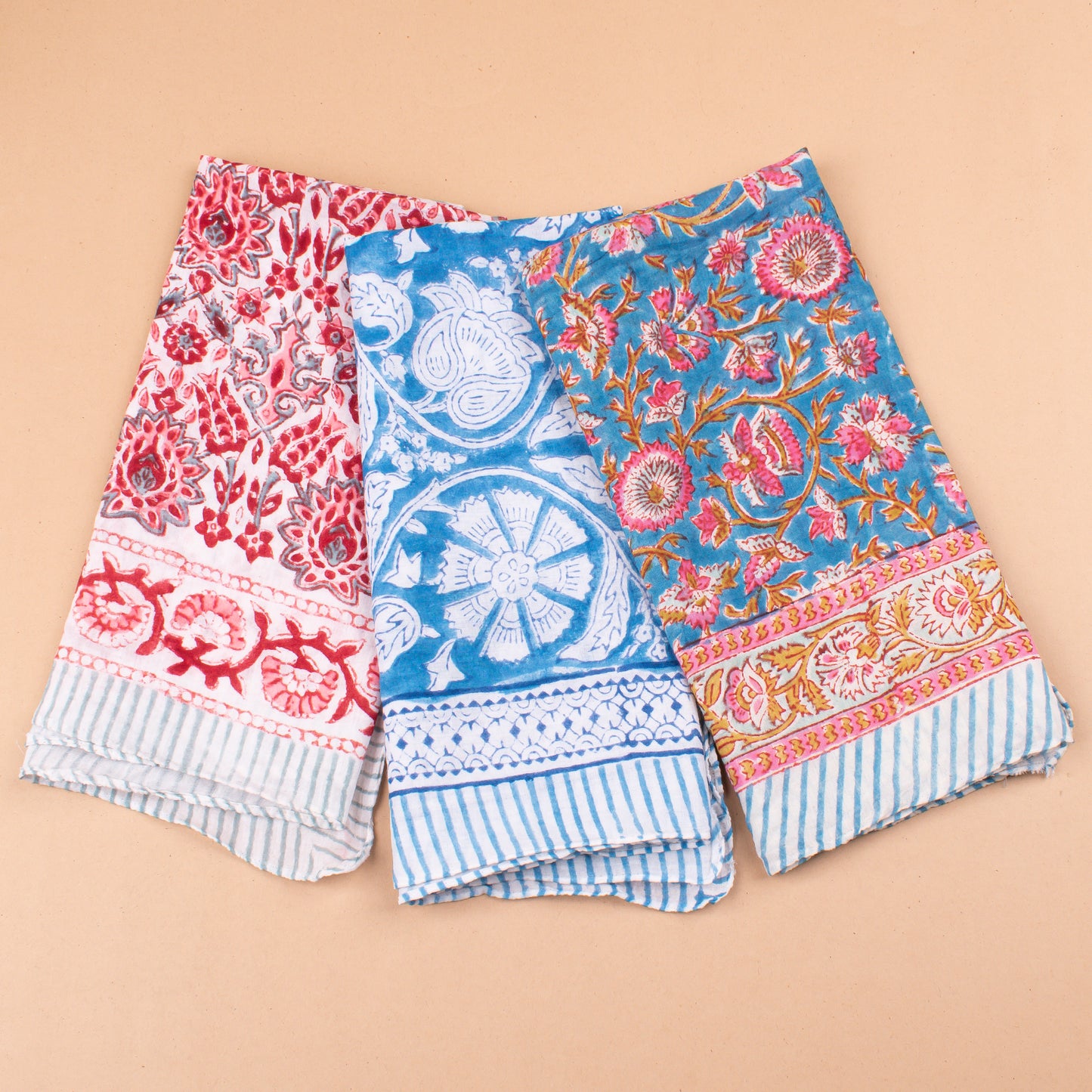 Set of 3 - Lightweight Handmade Bandana, Vintage Aesthetic Wrap, Block Printed Summer Scarf, Trendy Accessory For Women & Men