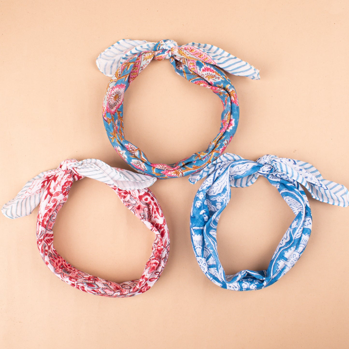 Set of 3 - Lightweight Handmade Bandana, Vintage Aesthetic Wrap, Block Printed Summer Scarf, Trendy Accessory For Women & Men