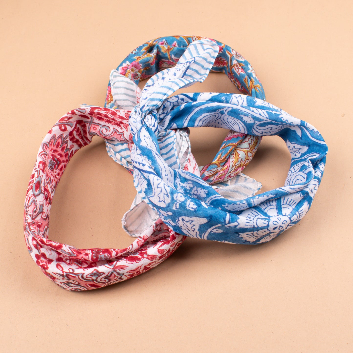 Set of 3 - Lightweight Handmade Bandana, Vintage Aesthetic Wrap, Block Printed Summer Scarf, Trendy Accessory For Women & Men