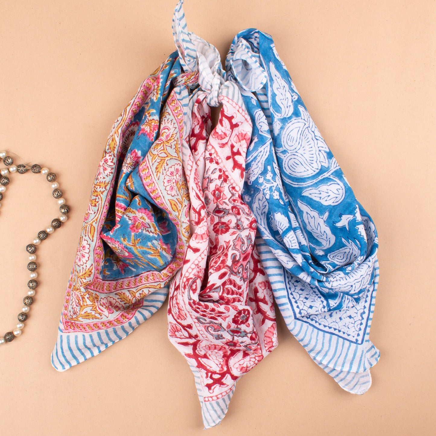 Set of 3 - Lightweight Handmade Bandana, Vintage Aesthetic Wrap, Block Printed Summer Scarf, Trendy Accessory For Women & Men