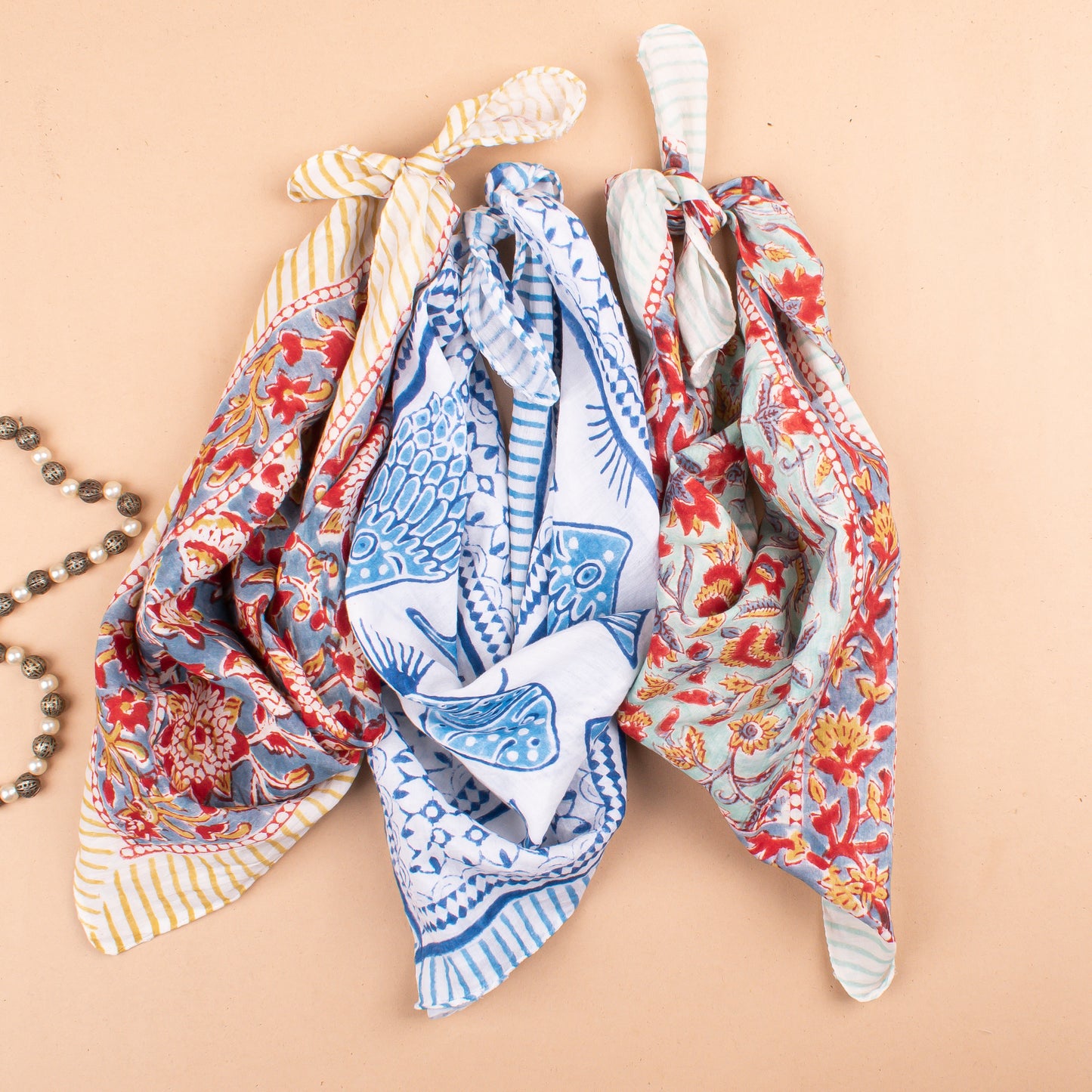 Set of 3 - Floral Block Print Bandanas, Lightweight Cotton Head Wrap, Eco-Friendly Dopamine Fashion Gift, Boho Hair And Neck Tie