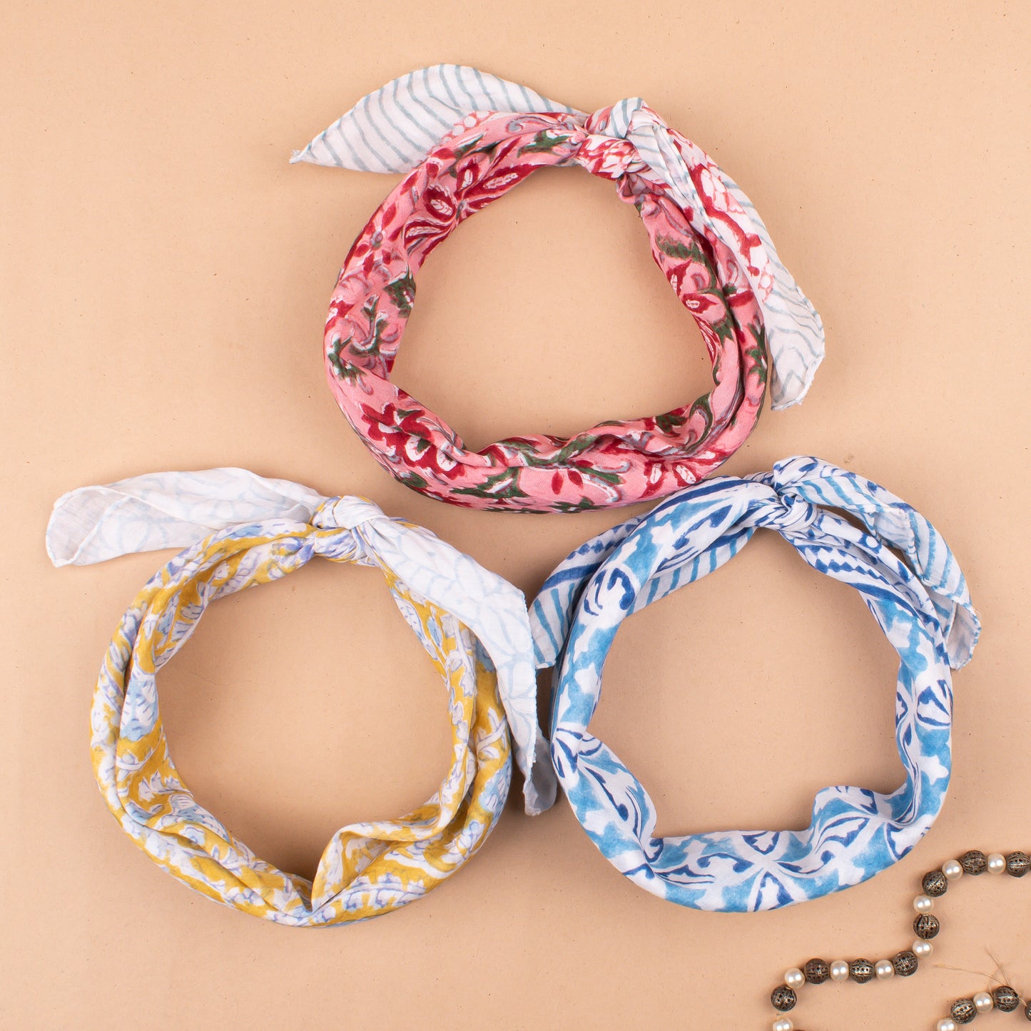 Set of 3 - Sustainable Cotton Bandanas, Handmade Head & Neck Scarf, Bohemian Print Hair Tie, Style Wrap For Trendy Outfits, Trendy Gift Idea
