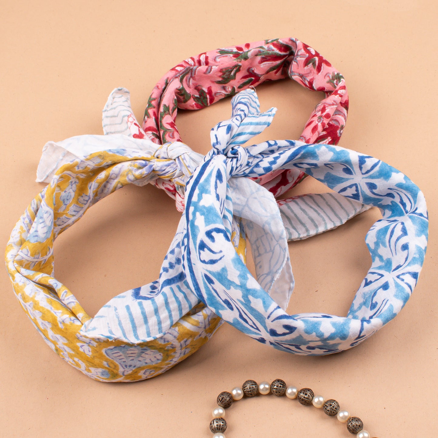 Set of 3 - Sustainable Cotton Bandanas, Handmade Head & Neck Scarf, Bohemian Print Hair Tie, Style Wrap For Trendy Outfits, Trendy Gift Idea