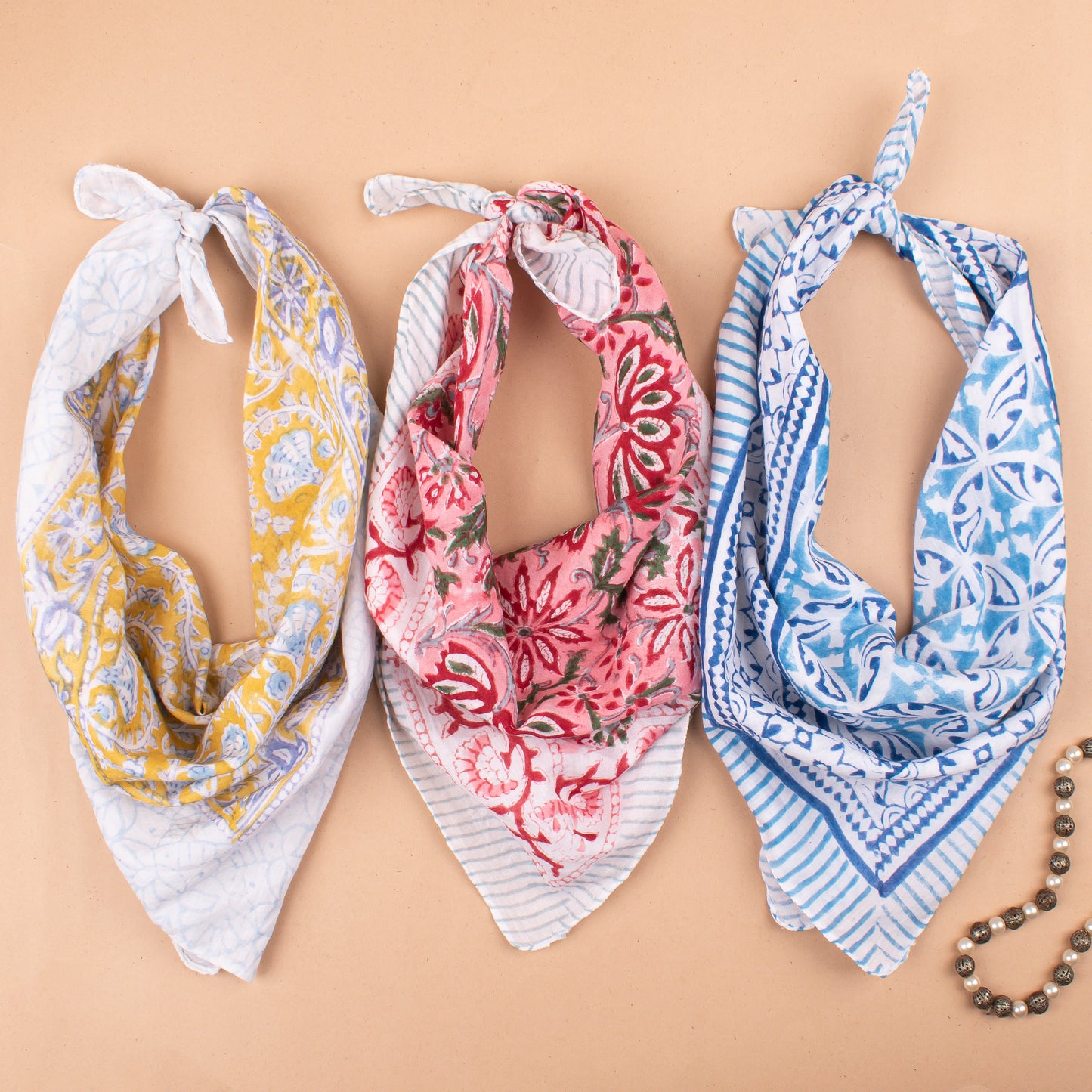 Set of 3 - Sustainable Cotton Bandanas, Handmade Head & Neck Scarf, Bohemian Print Hair Tie, Style Wrap For Trendy Outfits, Trendy Gift Idea