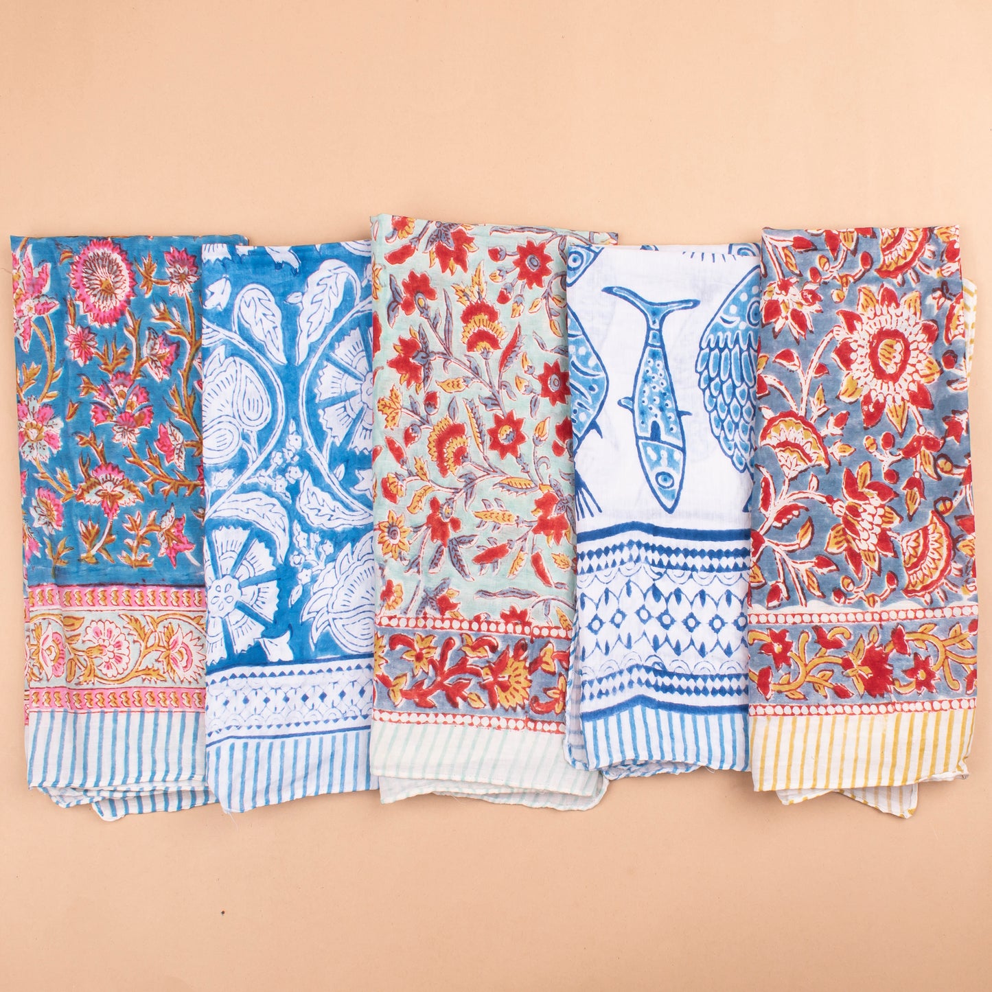 Set of 14 - Unisex Block Printed Cotton Bandana, Soft Lightweight Scarf, Eco-Conscious Boho Hair Tie, Handmade Summer Accessory