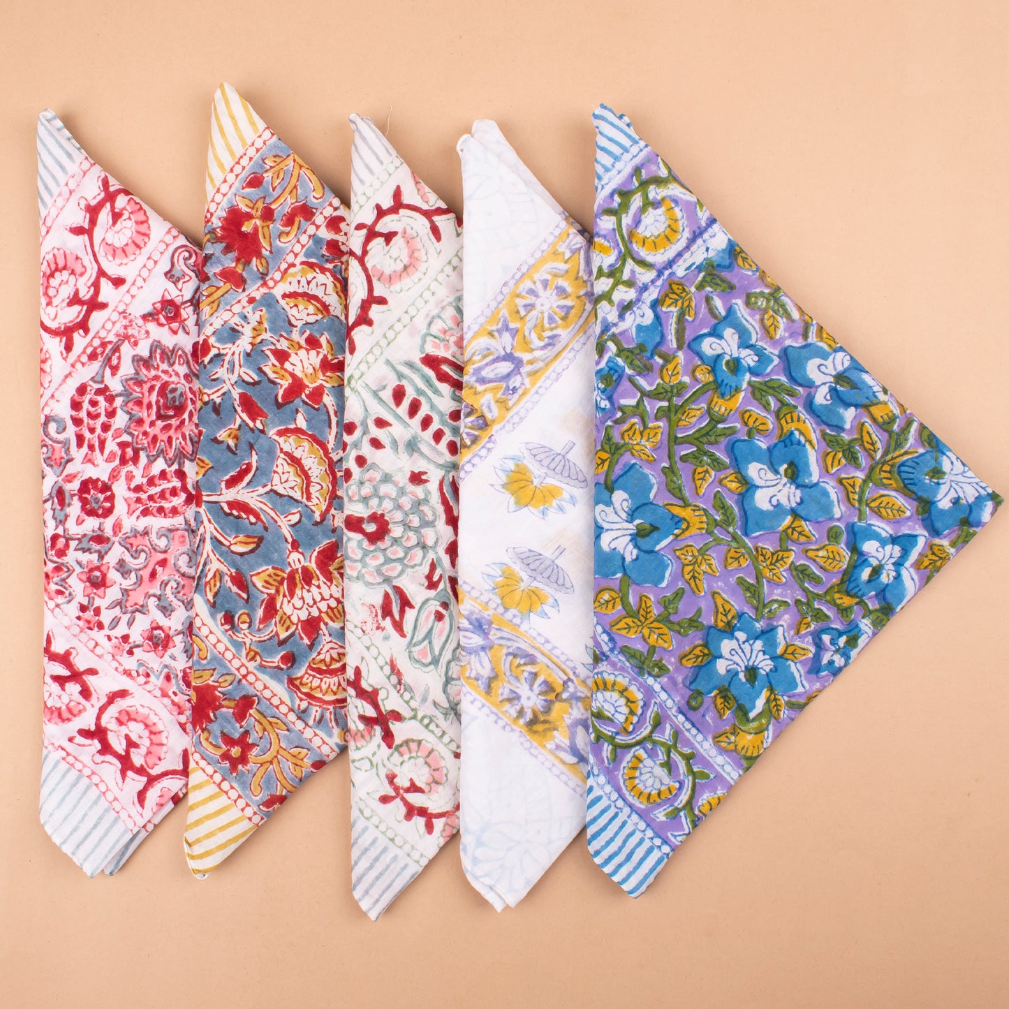 Set of 5 - Floral Handprinted Cotton Bandana, Lightweight Eco-Friendly Scarf, Stylish Head Wrap For Men & Women, Summer Neck Or Wrist Tie