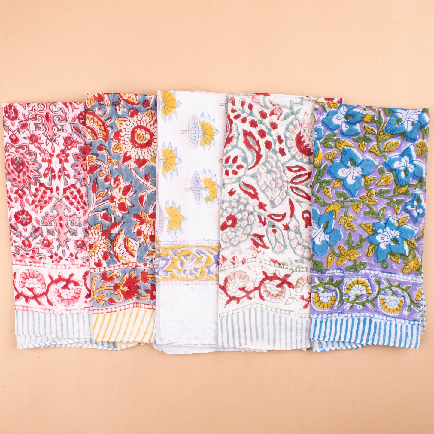 Set of 5 - Floral Handprinted Cotton Bandana, Lightweight Eco-Friendly Scarf, Stylish Head Wrap For Men & Women, Summer Neck Or Wrist Tie