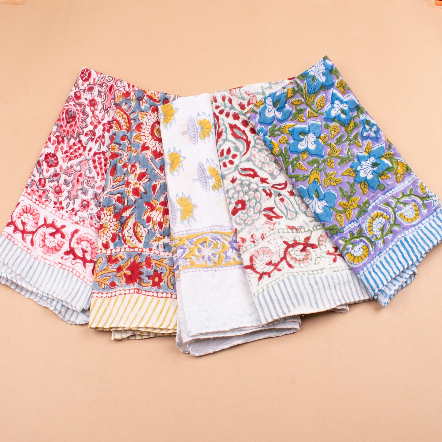 Set of 5 - Floral Handprinted Cotton Bandana, Lightweight Eco-Friendly Scarf, Stylish Head Wrap For Men & Women, Summer Neck Or Wrist Tie