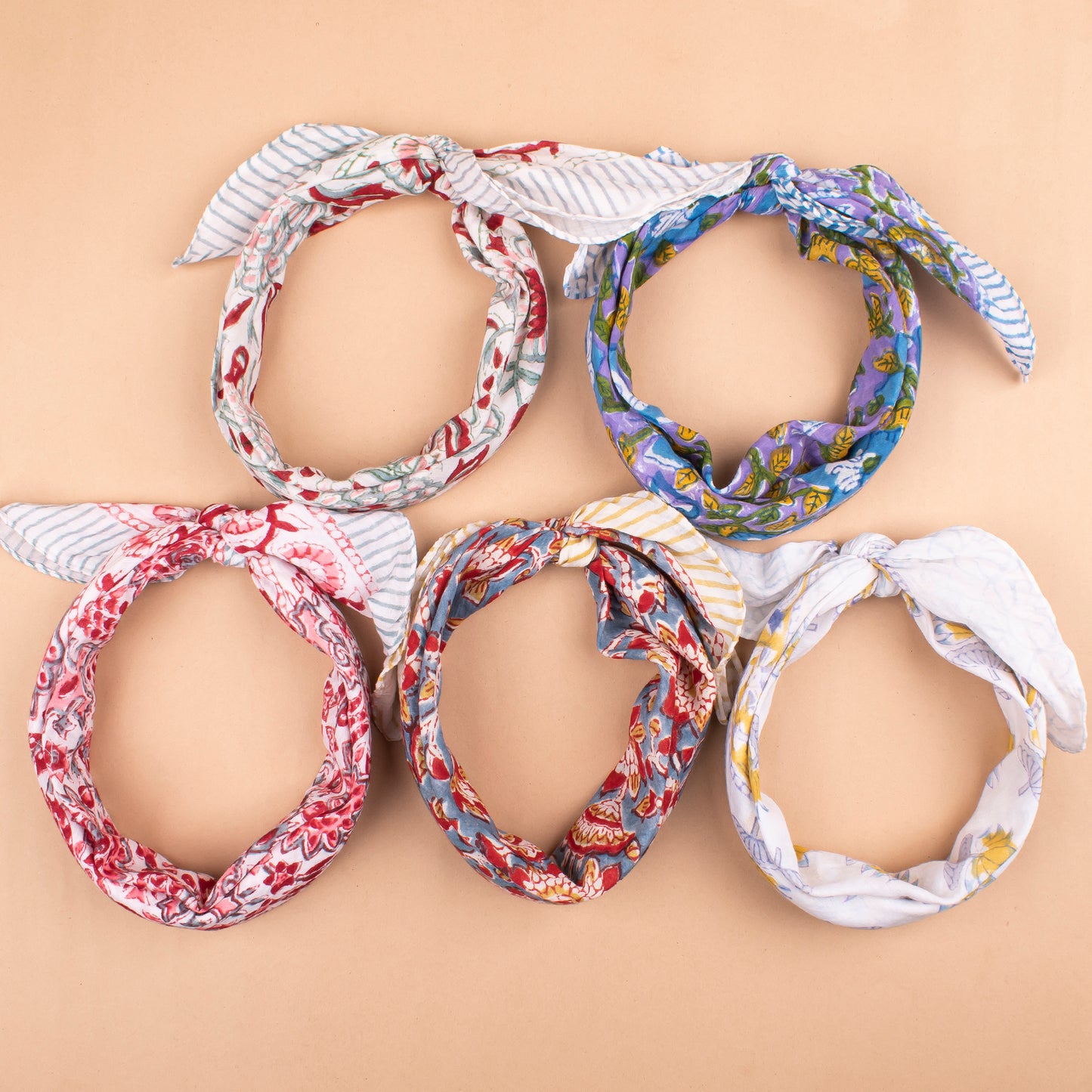 Set of 5 - Floral Handprinted Cotton Bandana, Lightweight Eco-Friendly Scarf, Stylish Head Wrap For Men & Women, Summer Neck Or Wrist Tie
