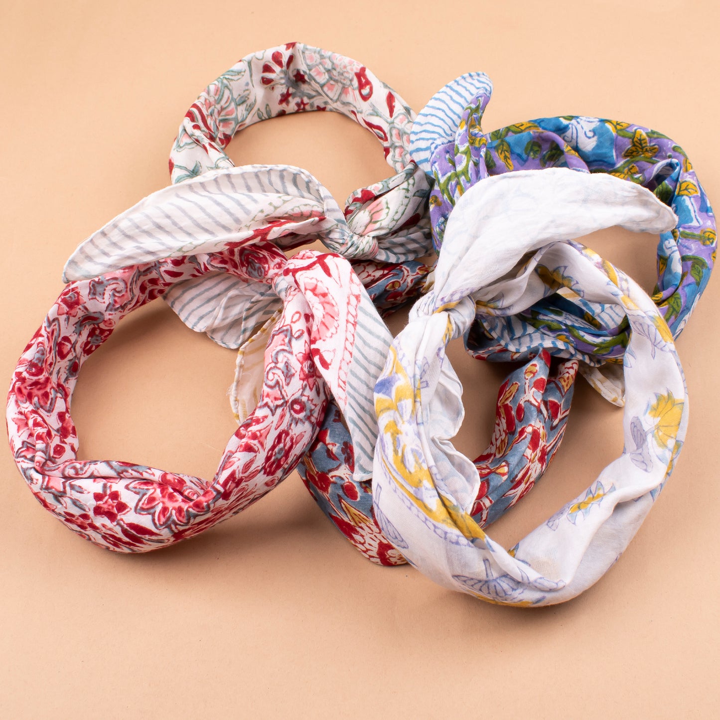 Set of 5 - Floral Handprinted Cotton Bandana, Lightweight Eco-Friendly Scarf, Stylish Head Wrap For Men & Women, Summer Neck Or Wrist Tie