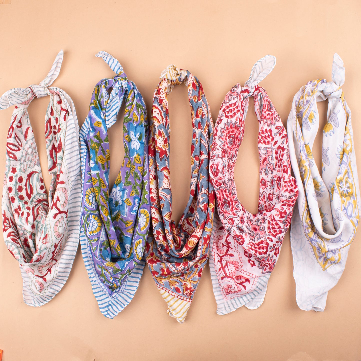 Set of 5 - Floral Handprinted Cotton Bandana, Lightweight Eco-Friendly Scarf, Stylish Head Wrap For Men & Women, Summer Neck Or Wrist Tie