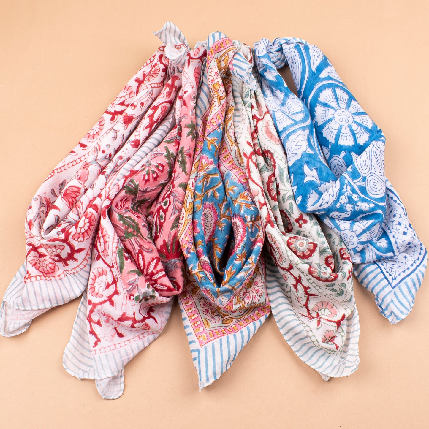 Set of 5 - Classic Cotton Bandana Scarf, Handblock Boho Print, Versatile Neck Wrap, Unisex Head Or Hair Tie Accessory, Unisex Design Bandana
