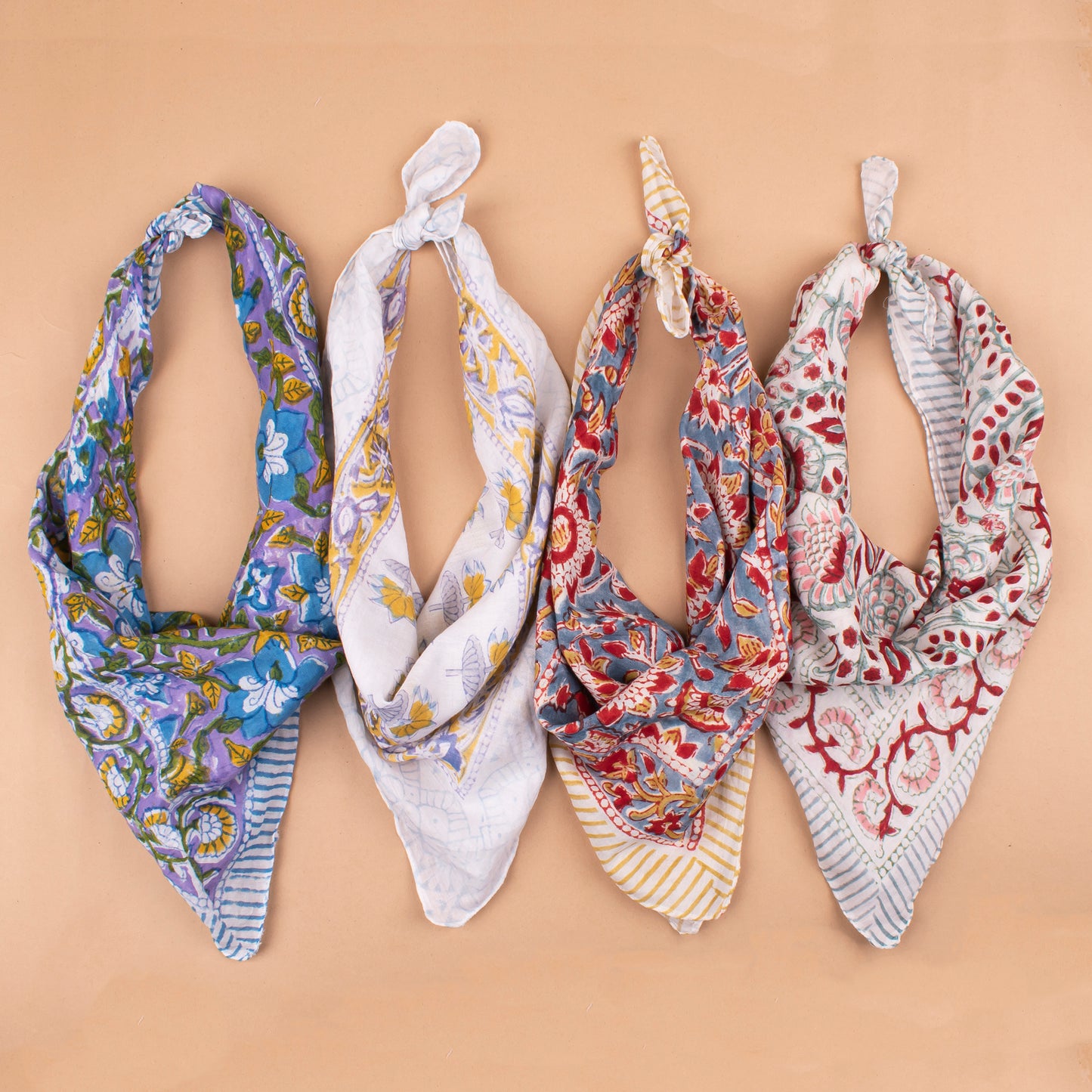 Set of 4 - Eco-Friendly Handblock Printed Bandana, Unisex Head Wrap, Lightweight Summer Accessory, Vintage Style Cotton Bandana