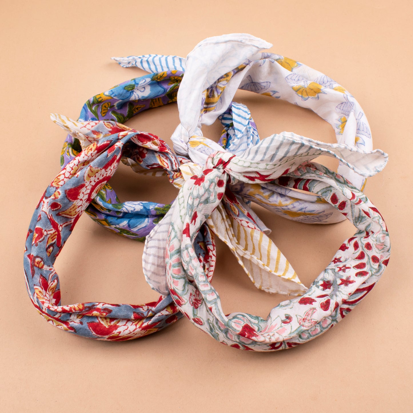 Set of 4 - Eco-Friendly Handblock Printed Bandana, Unisex Head Wrap, Lightweight Summer Accessory, Vintage Style Cotton Bandana