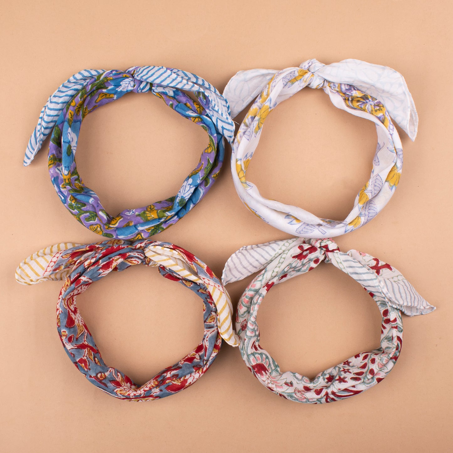 Set of 4 - Eco-Friendly Handblock Printed Bandana, Unisex Head Wrap, Lightweight Summer Accessory, Vintage Style Cotton Bandana