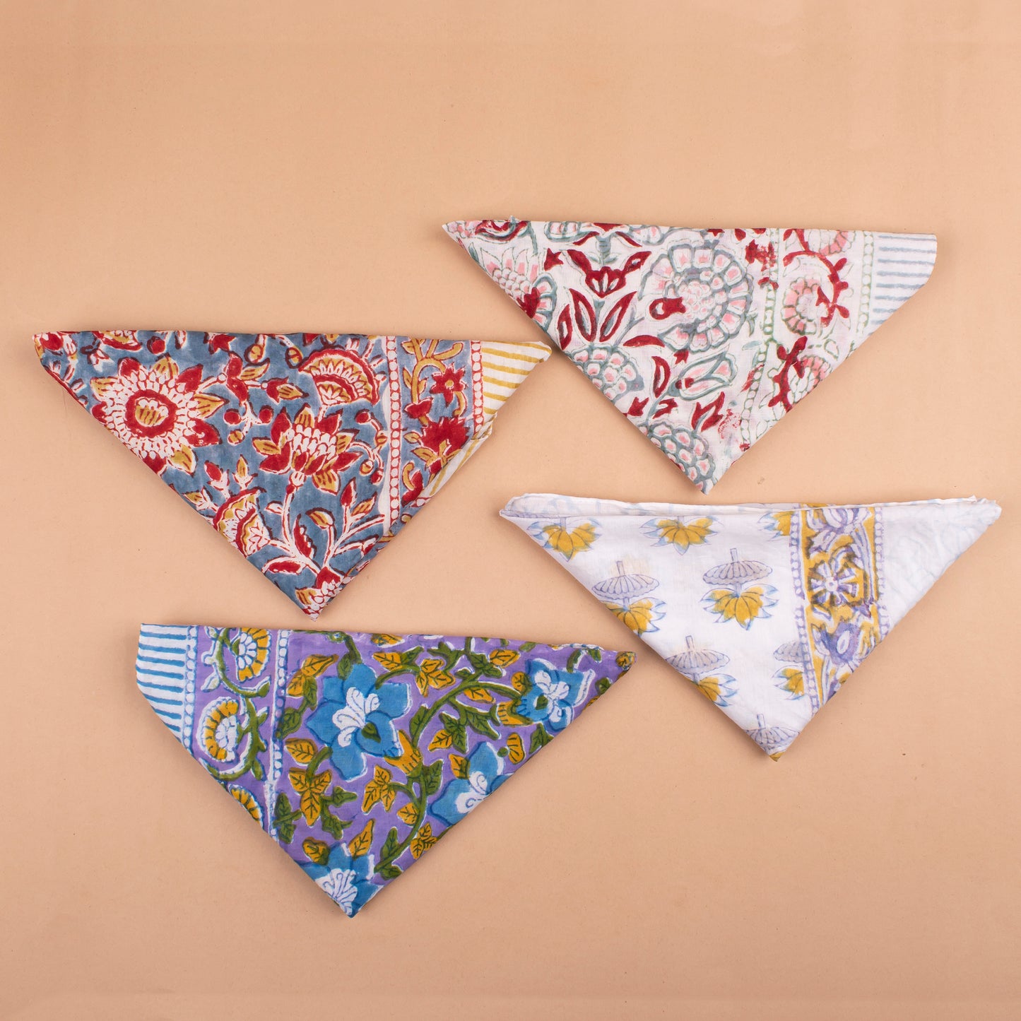 Set of 4 - Eco-Friendly Handblock Printed Bandana, Unisex Head Wrap, Lightweight Summer Accessory, Vintage Style Cotton Bandana