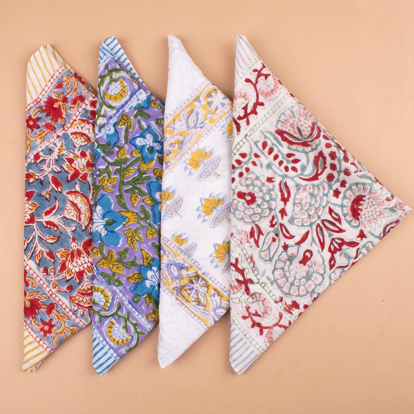 Set of 4 - Eco-Friendly Handblock Printed Bandana, Unisex Head Wrap, Lightweight Summer Accessory, Vintage Style Cotton Bandana