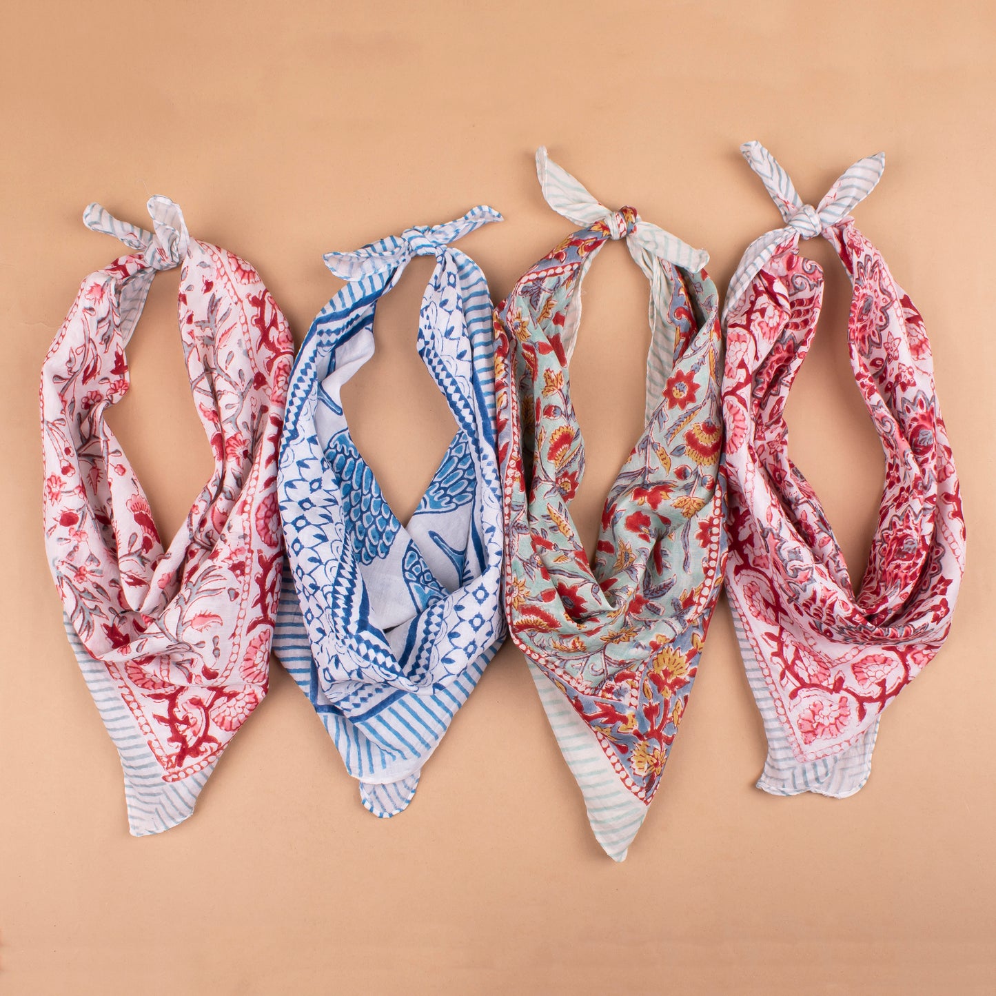 Set of 4 - Handprinted Boho Neck Scarf, Sustainable Head Wrap For Men & Women, Lightweight Design, Unisex Bohemian Cotton Bandana