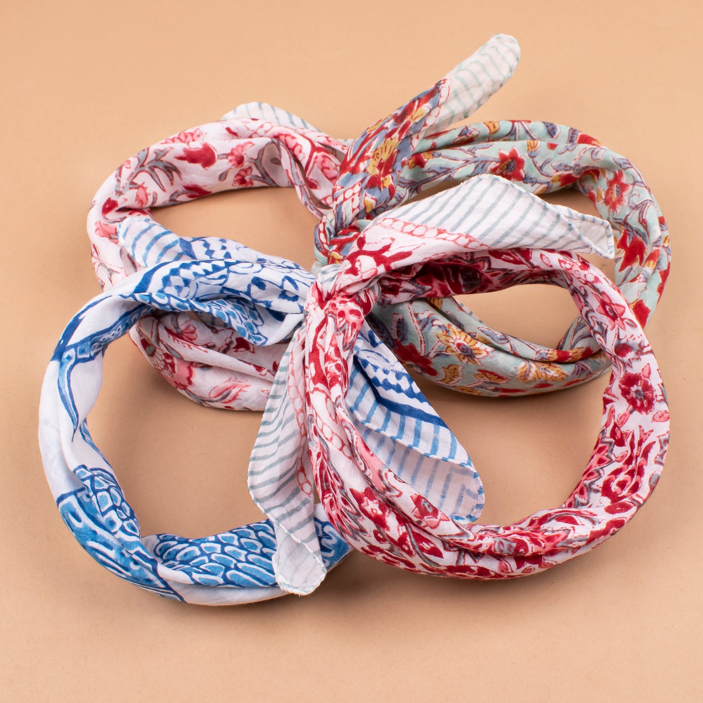 Set of 4 - Handprinted Boho Neck Scarf, Sustainable Head Wrap For Men & Women, Lightweight Design, Unisex Bohemian Cotton Bandana