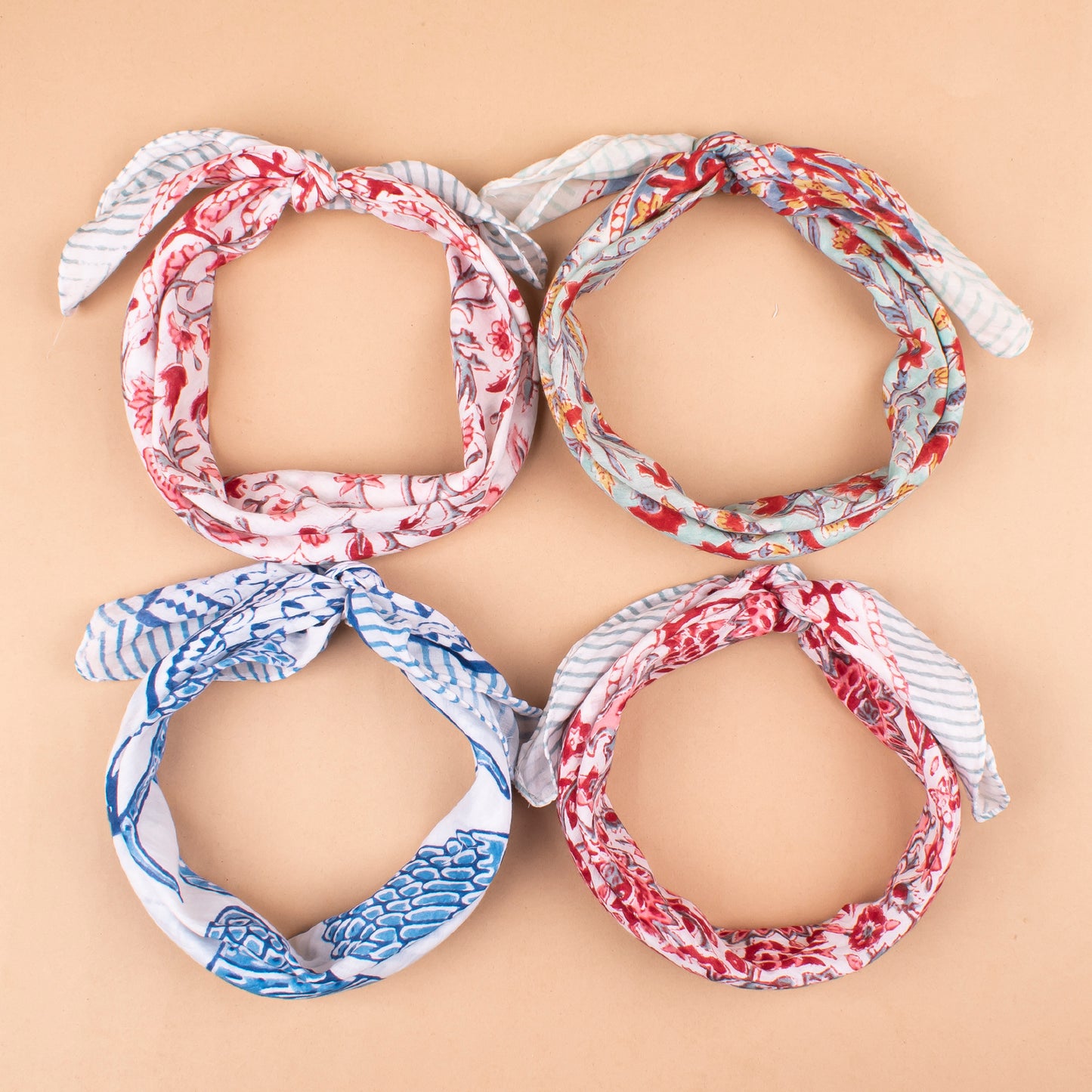Set of 4 - Handprinted Boho Neck Scarf, Sustainable Head Wrap For Men & Women, Lightweight Design, Unisex Bohemian Cotton Bandana