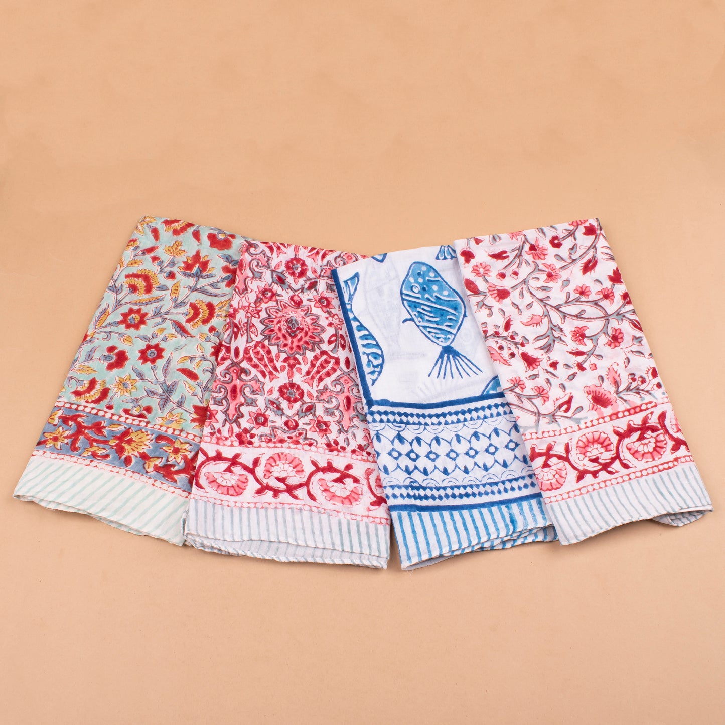 Set of 4 - Handprinted Boho Neck Scarf, Sustainable Head Wrap For Men & Women, Lightweight Design, Unisex Bohemian Cotton Bandana