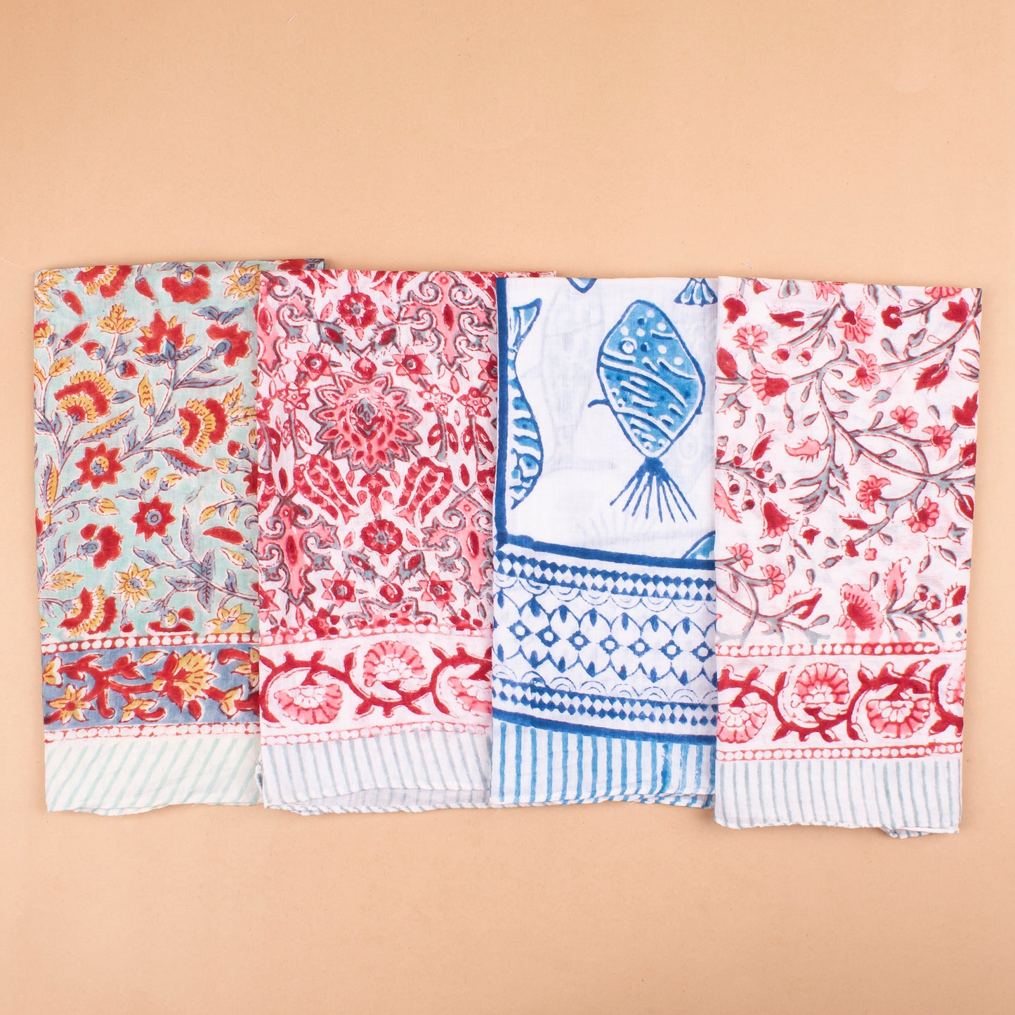Set of 4 - Handprinted Boho Neck Scarf, Sustainable Head Wrap For Men & Women, Lightweight Design, Unisex Bohemian Cotton Bandana