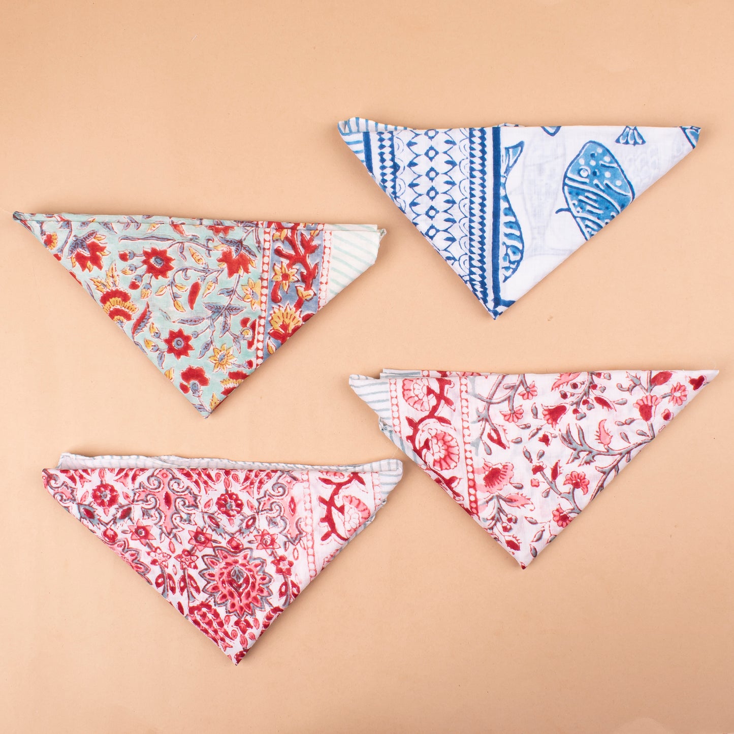 Set of 4 - Handprinted Boho Neck Scarf, Sustainable Head Wrap For Men & Women, Lightweight Design, Unisex Bohemian Cotton Bandana